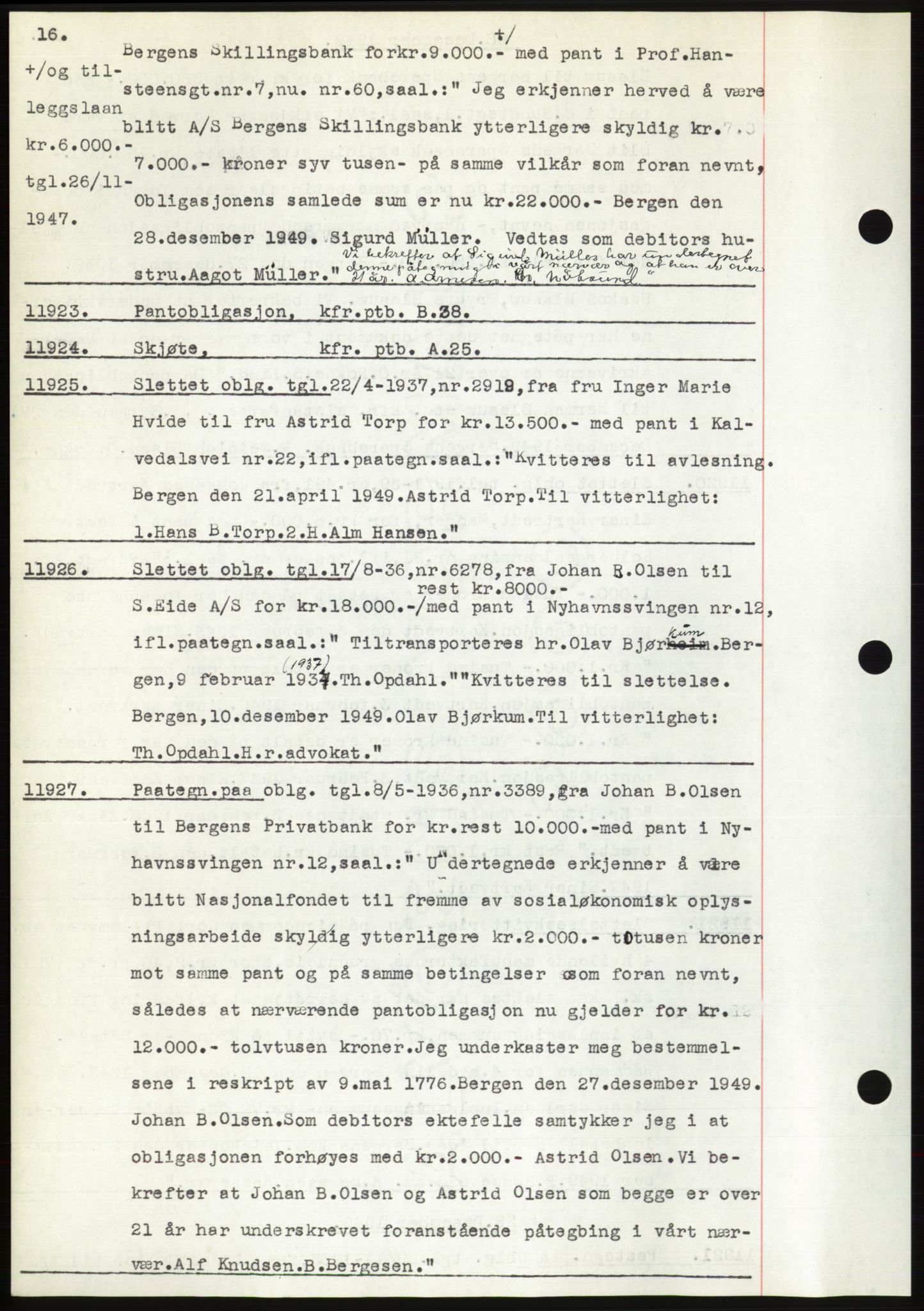 Byfogd og Byskriver i Bergen, AV/SAB-A-3401/03: Mortgage book no. C 38, 1949-1950, Diary no: : 11923/1949