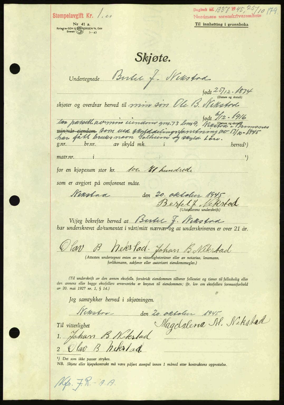 Nordmøre sorenskriveri, AV/SAT-A-4132/1/2/2Ca: Mortgage book no. A100a, 1945-1945, Diary no: : 1337/1945