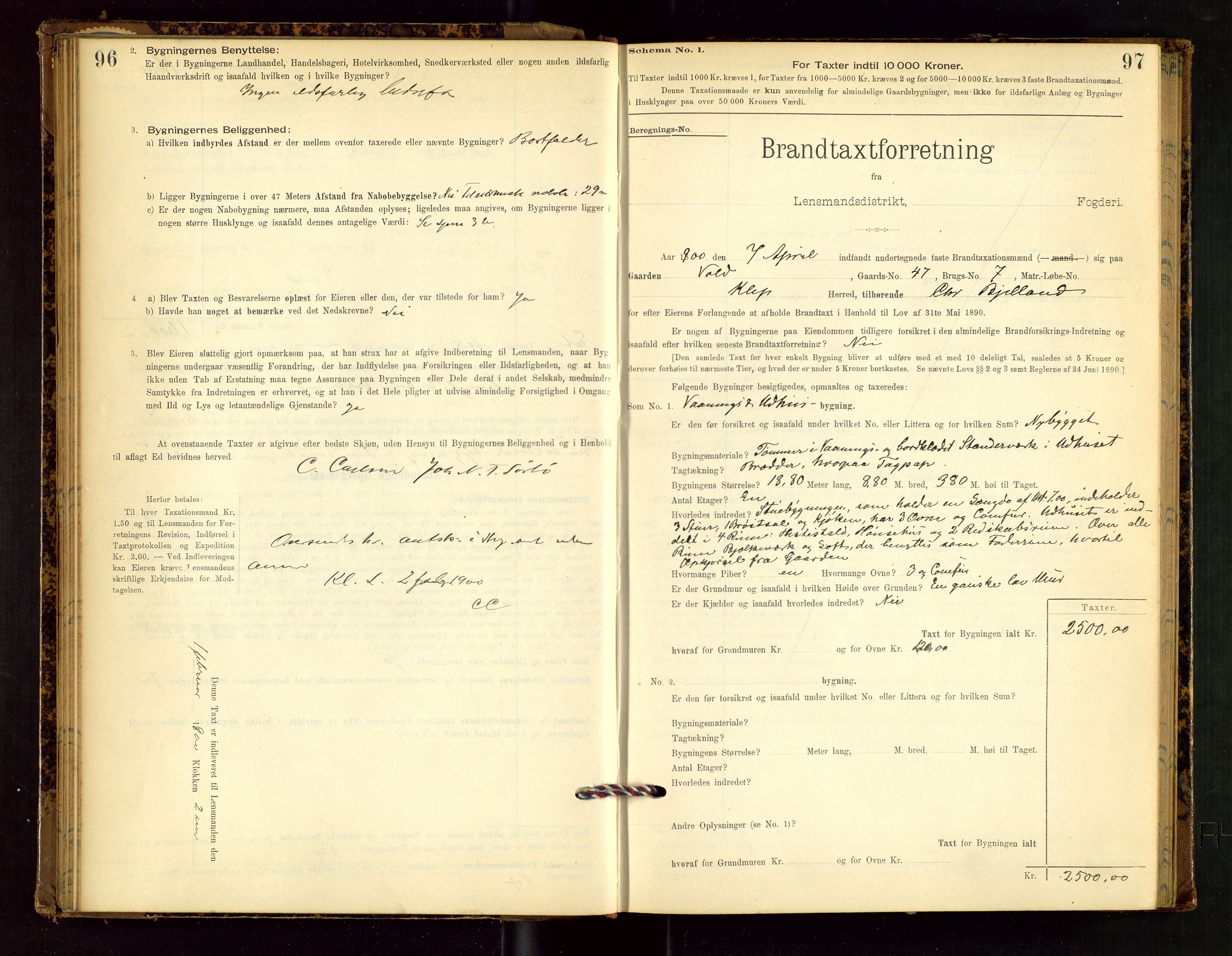 Klepp lensmannskontor, SAST/A-100163/Goc/L0002: "Brandtaxationsprotokol" m/register, 1898-1902, p. 96-97