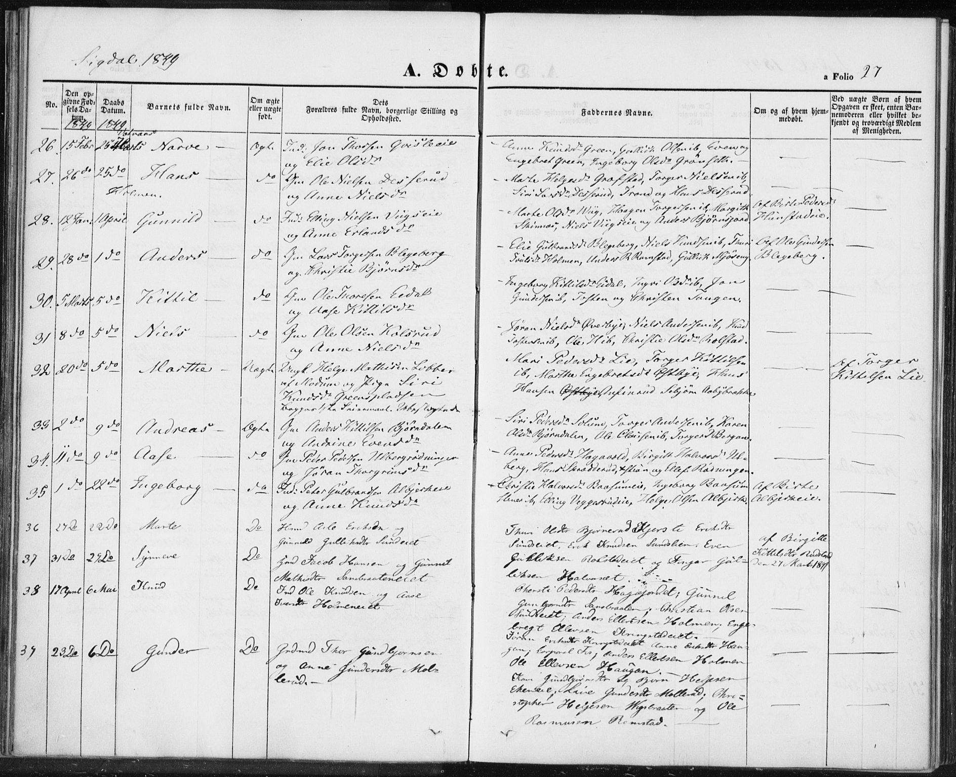 Sigdal kirkebøker, AV/SAKO-A-245/F/Fa/L0007: Parish register (official) no. I 7, 1844-1849, p. 27