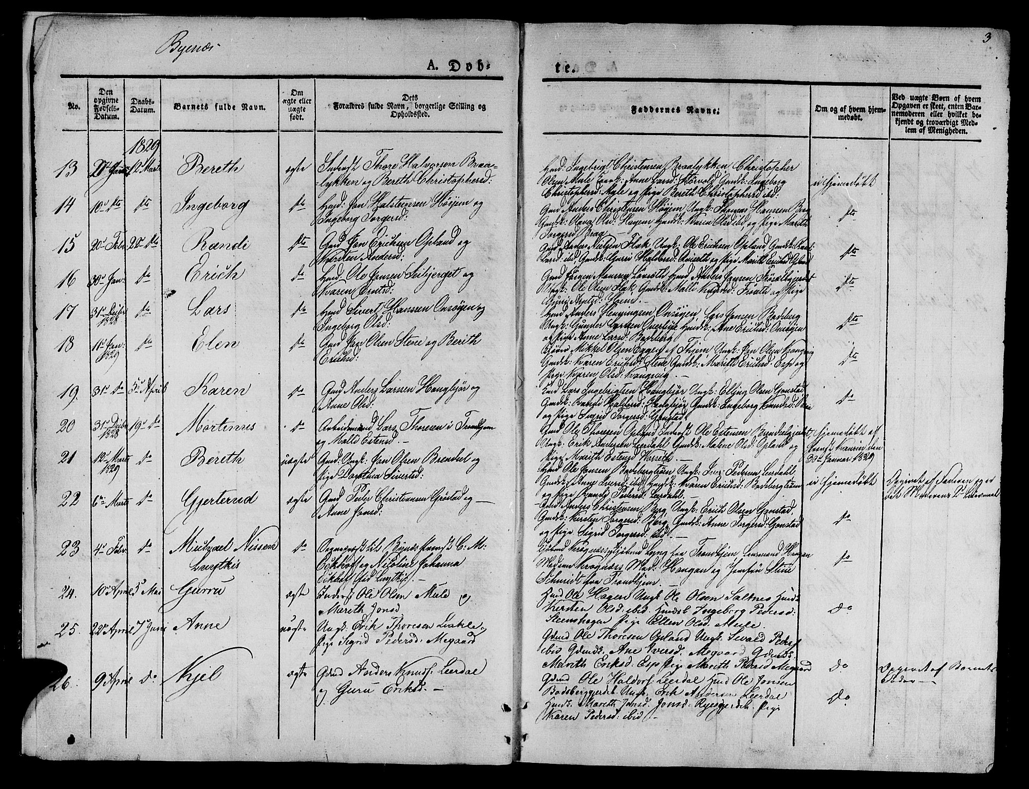 Ministerialprotokoller, klokkerbøker og fødselsregistre - Sør-Trøndelag, SAT/A-1456/612/L0374: Parish register (official) no. 612A07 /1, 1829-1845, p. 3