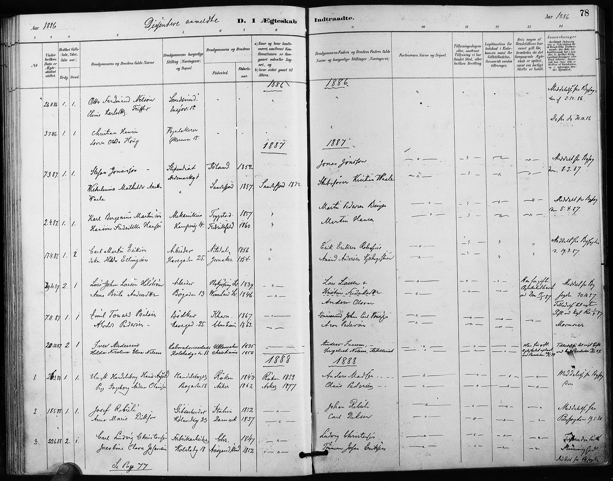 Kampen prestekontor Kirkebøker, SAO/A-10853/F/Fa/L0004: Parish register (official) no. I 4, 1885-1892, p. 78