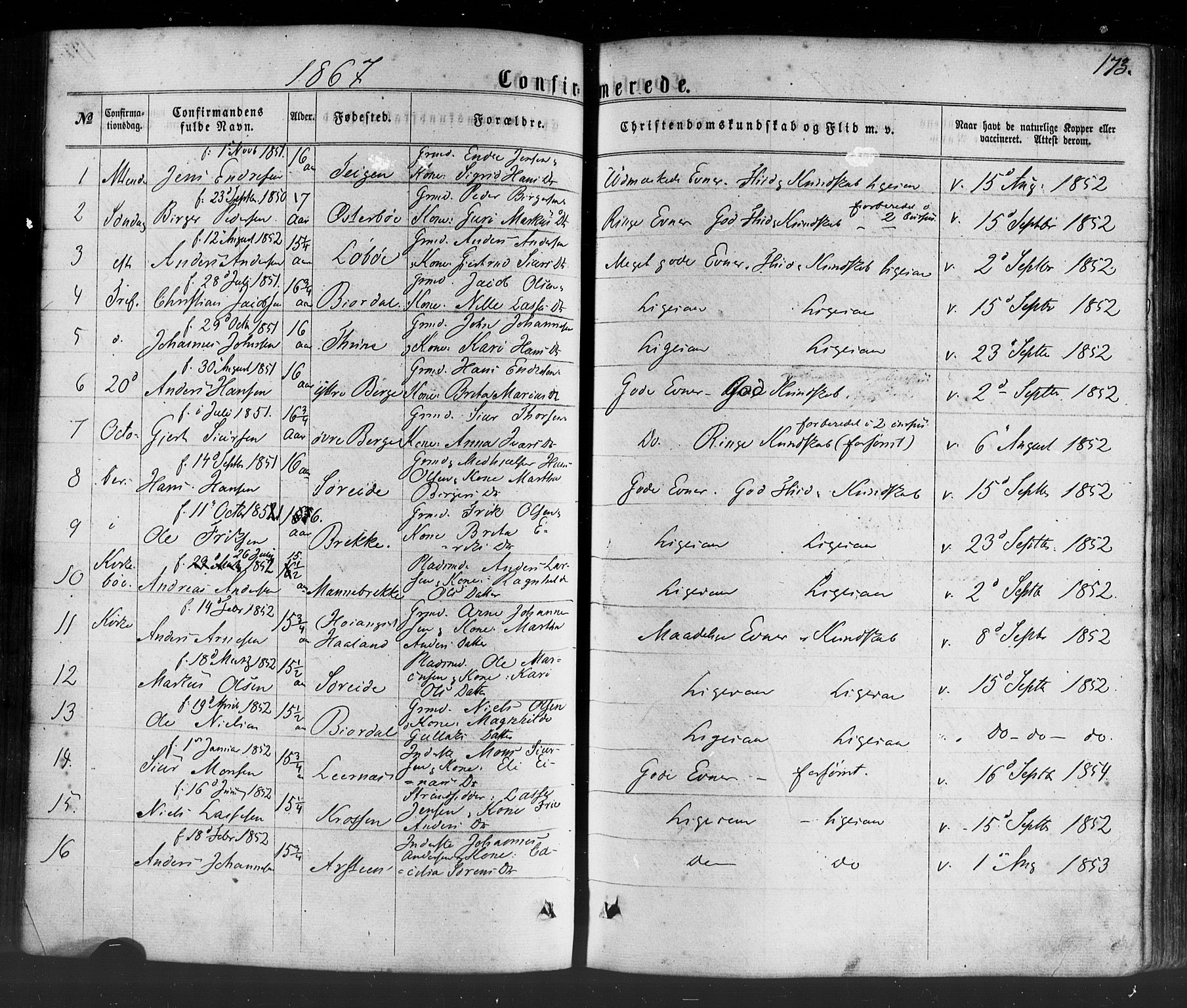 Lavik sokneprestembete, SAB/A-80901: Parish register (official) no. A 4, 1864-1881, p. 173