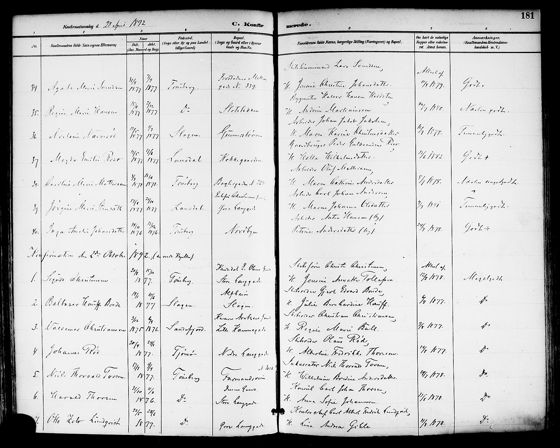 Tønsberg kirkebøker, SAKO/A-330/F/Fa/L0012: Parish register (official) no. I 12, 1891-1899, p. 181