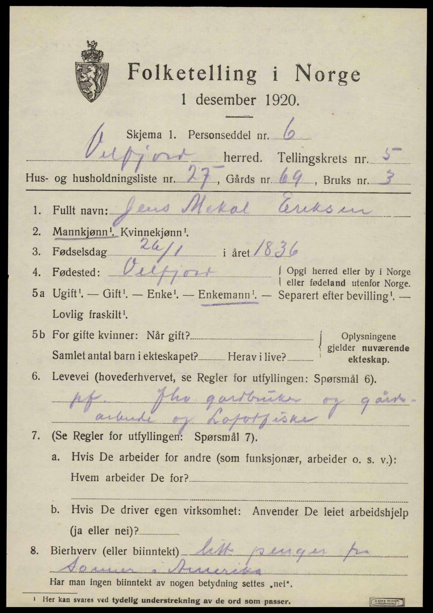 SAT, 1920 census for Velfjord, 1920, p. 3393