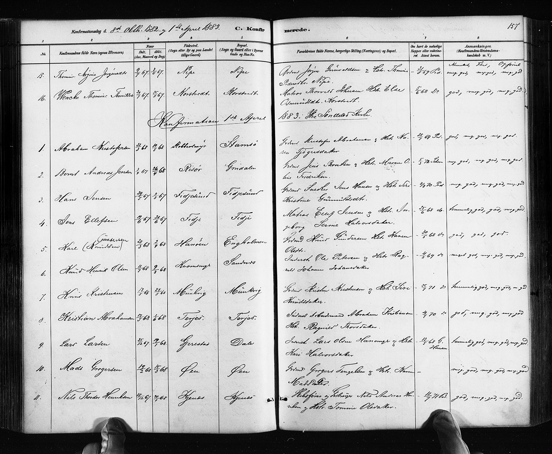 Søndeled sokneprestkontor, SAK/1111-0038/F/Fa/L0004: Parish register (official) no. A 4, 1880-1889, p. 157