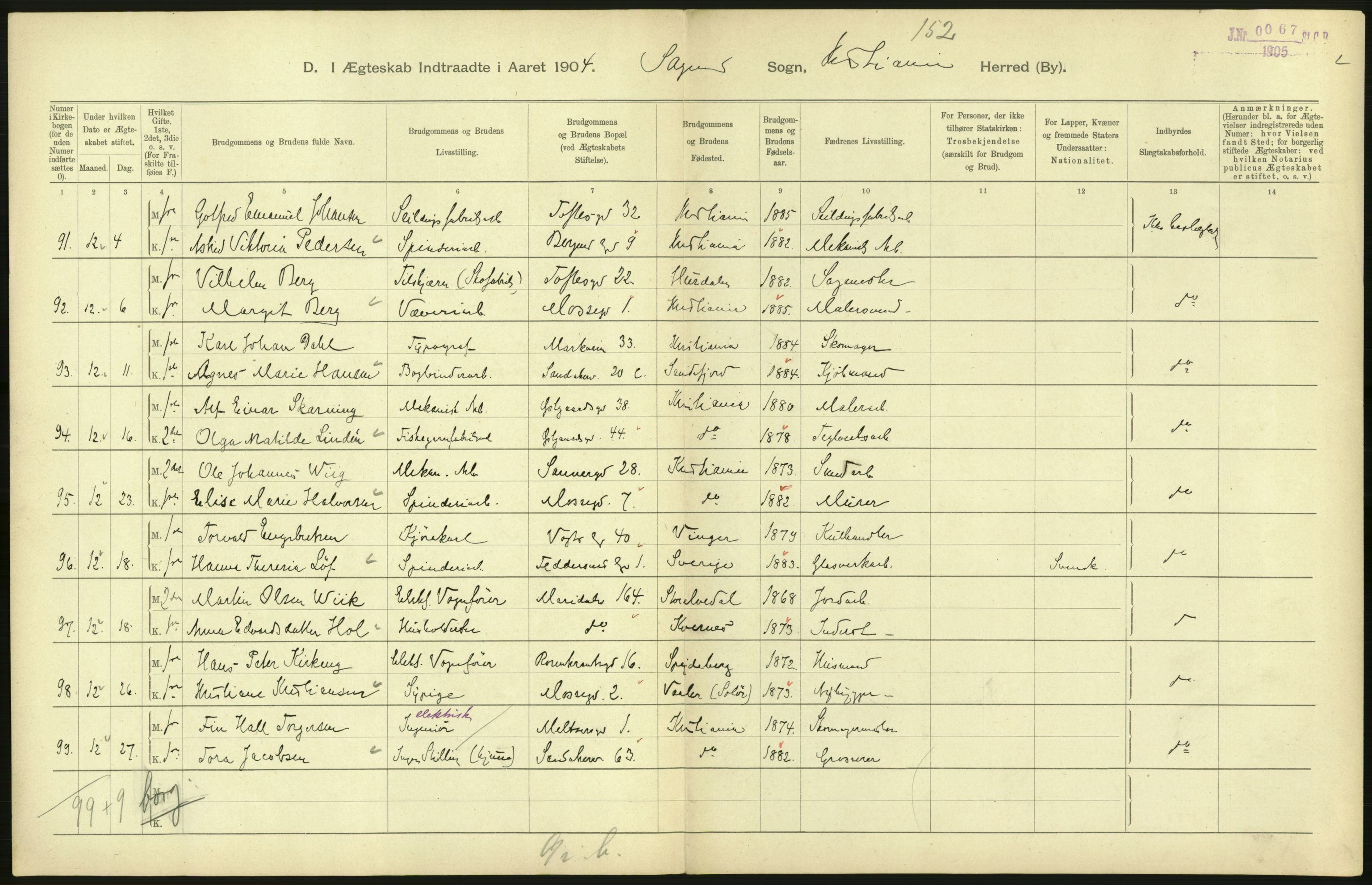 Statistisk sentralbyrå, Sosiodemografiske emner, Befolkning, RA/S-2228/D/Df/Dfa/Dfab/L0004: Kristiania: Gifte, døde, 1904, p. 190