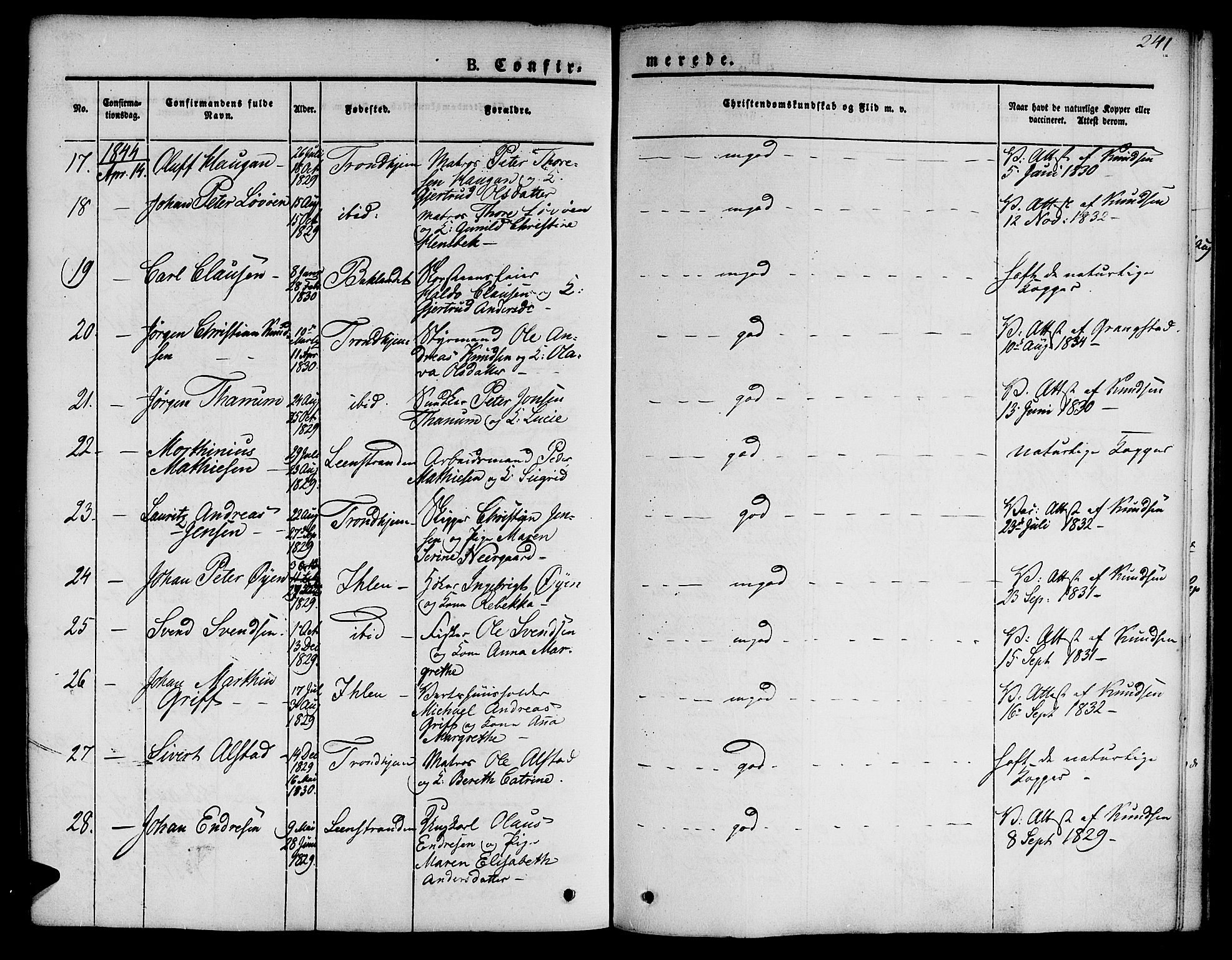 Ministerialprotokoller, klokkerbøker og fødselsregistre - Sør-Trøndelag, SAT/A-1456/601/L0048: Parish register (official) no. 601A16, 1840-1847, p. 241