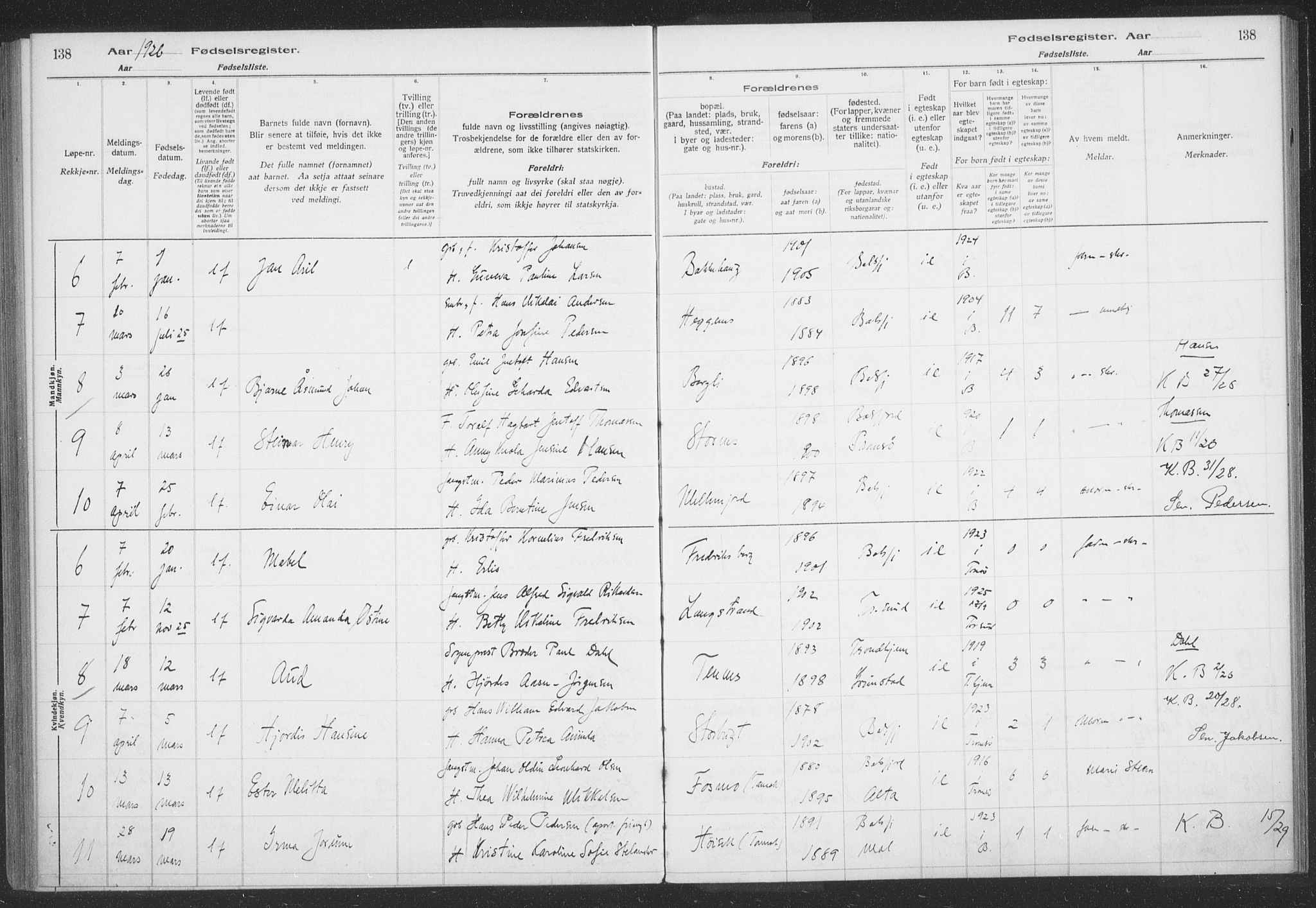 Balsfjord sokneprestembete, SATØ/S-1303/H/Hb/L0059: Birth register no. 59, 1916-1930, p. 138