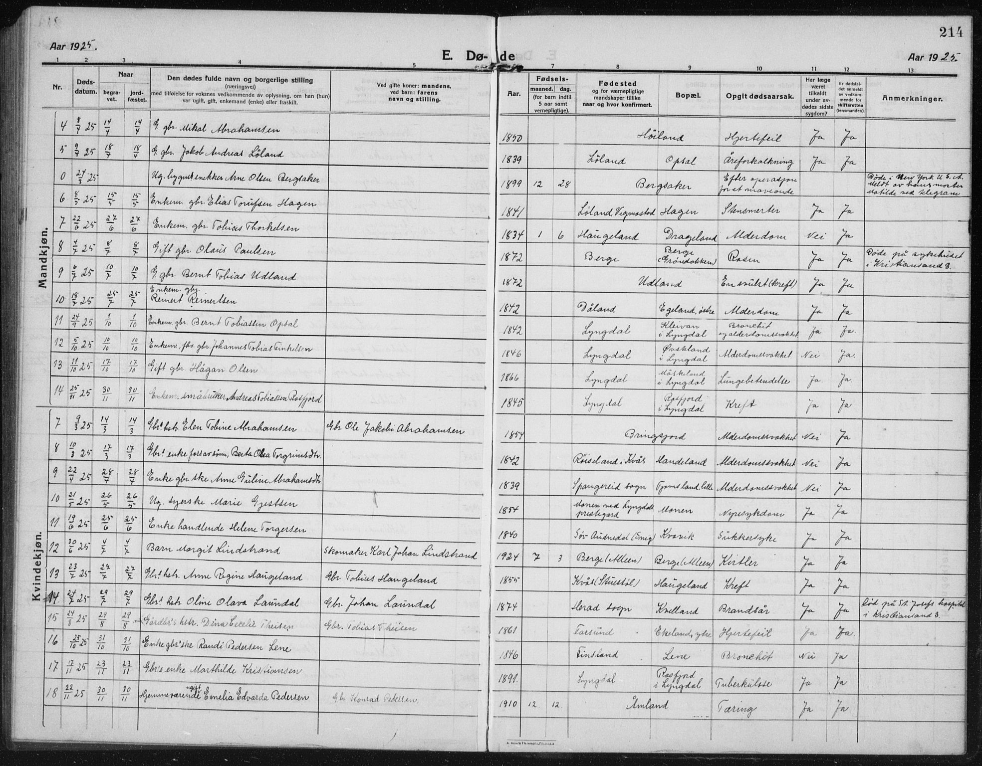 Lyngdal sokneprestkontor, AV/SAK-1111-0029/F/Fb/Fbc/L0006: Parish register (copy) no. B 6, 1914-1934, p. 214