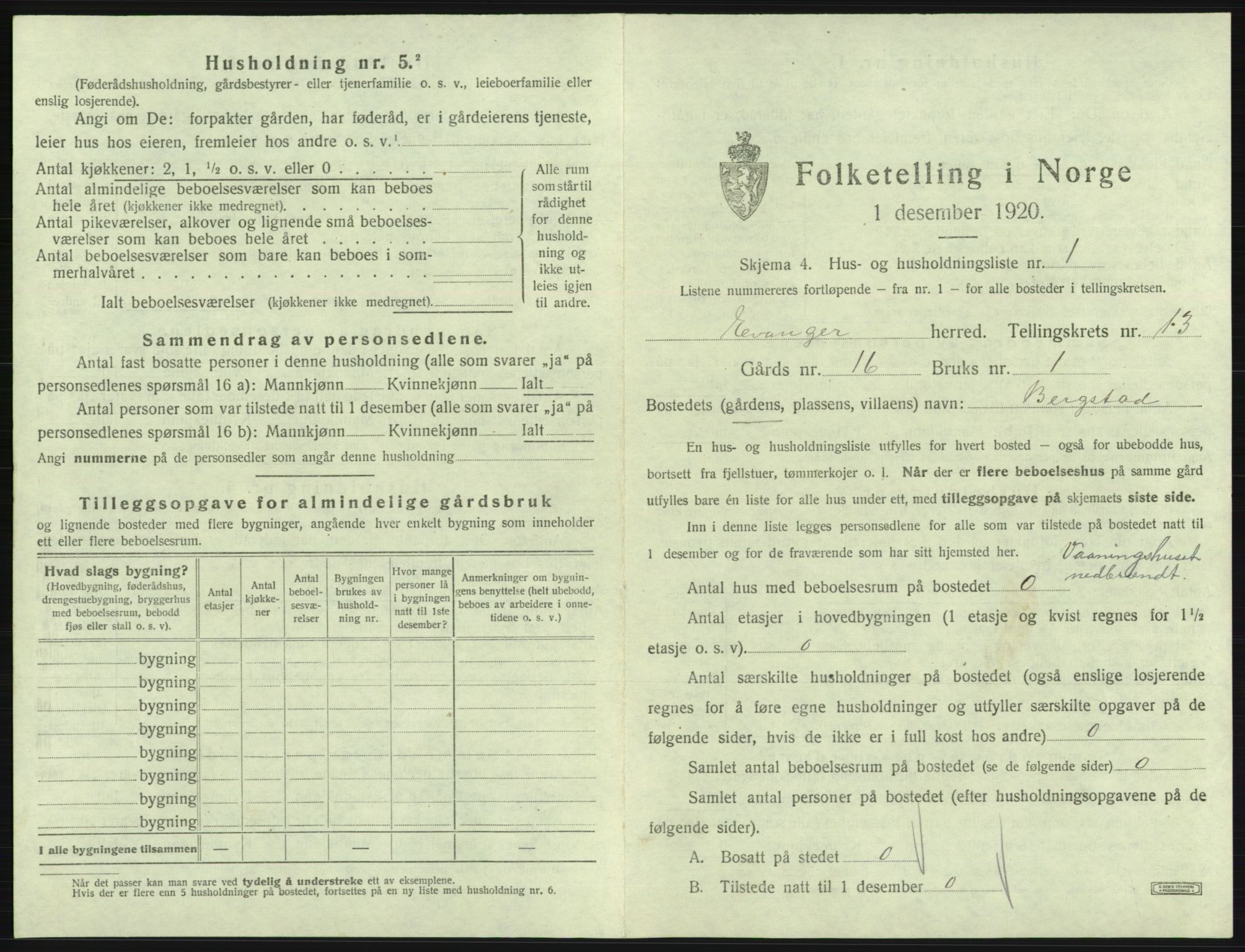 SAB, 1920 census for Evanger, 1920, p. 611