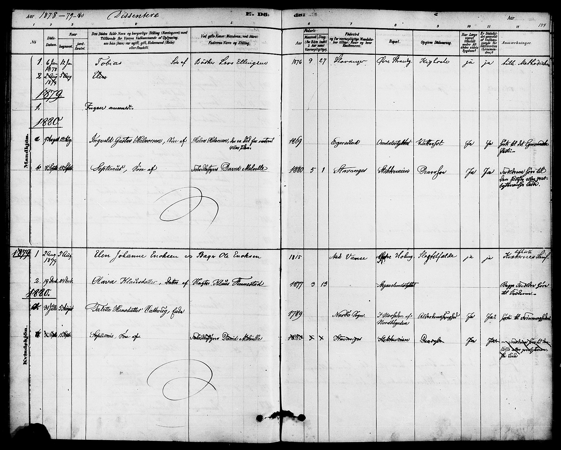 Domkirken sokneprestkontor, SAST/A-101812/001/30/30BA/L0027: Parish register (official) no. A 26, 1878-1896, p. 184