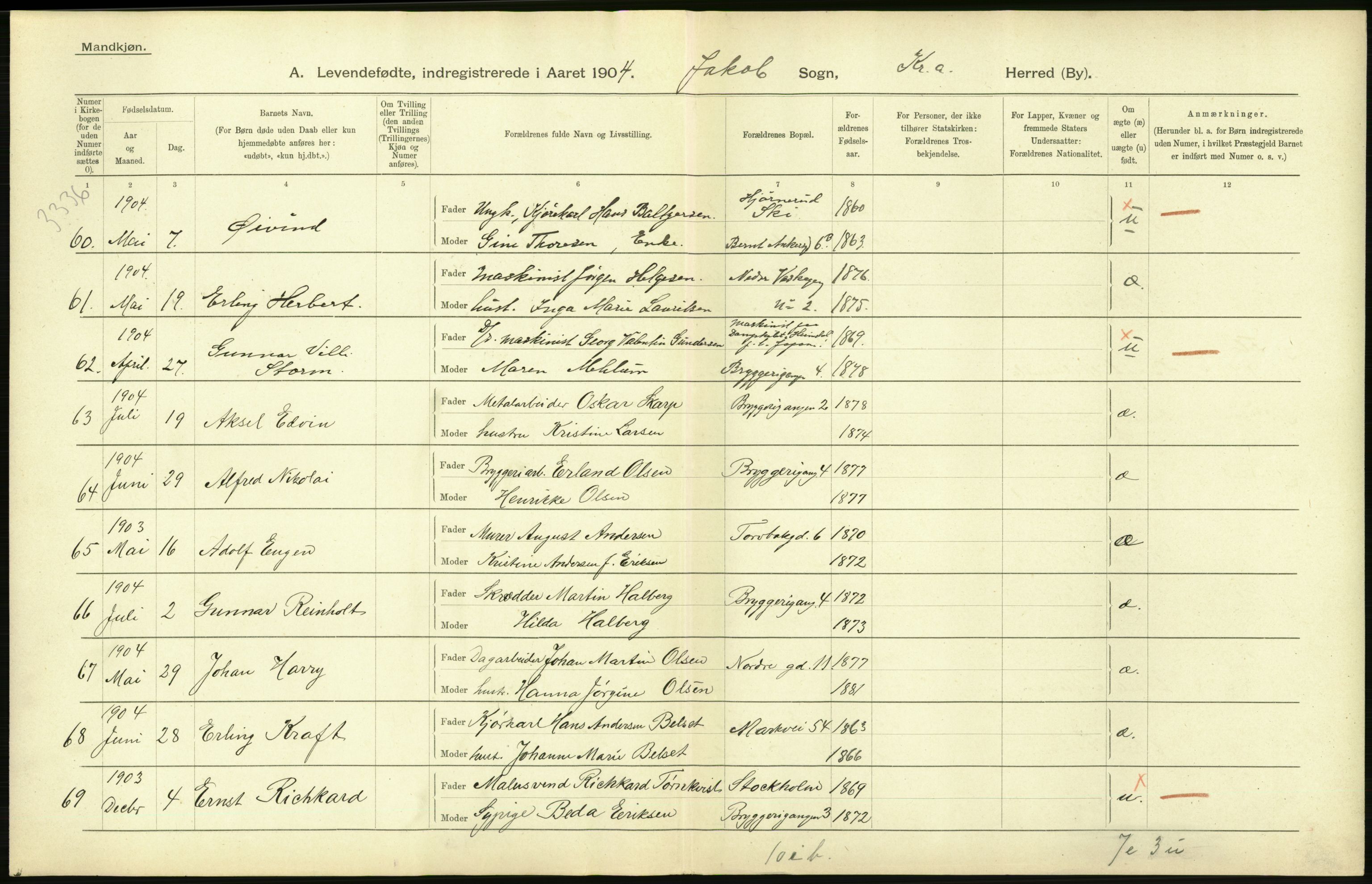 Statistisk sentralbyrå, Sosiodemografiske emner, Befolkning, AV/RA-S-2228/D/Df/Dfa/Dfab/L0003: Kristiania: Fødte, 1904, p. 24