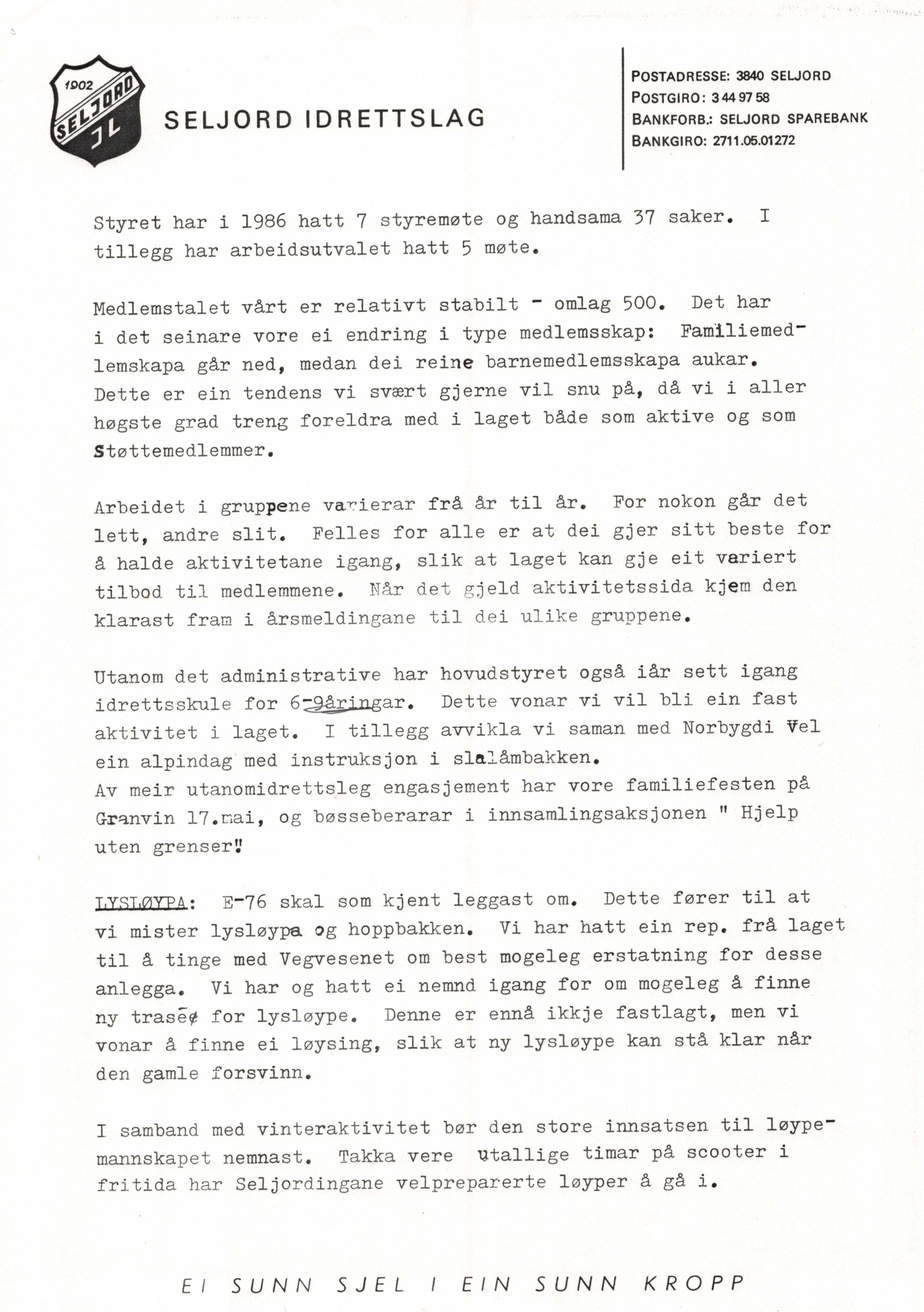 Seljord Idrettslag, VTM/A-1034/A/Ab/L0001: Årsmeldingar, 1986
