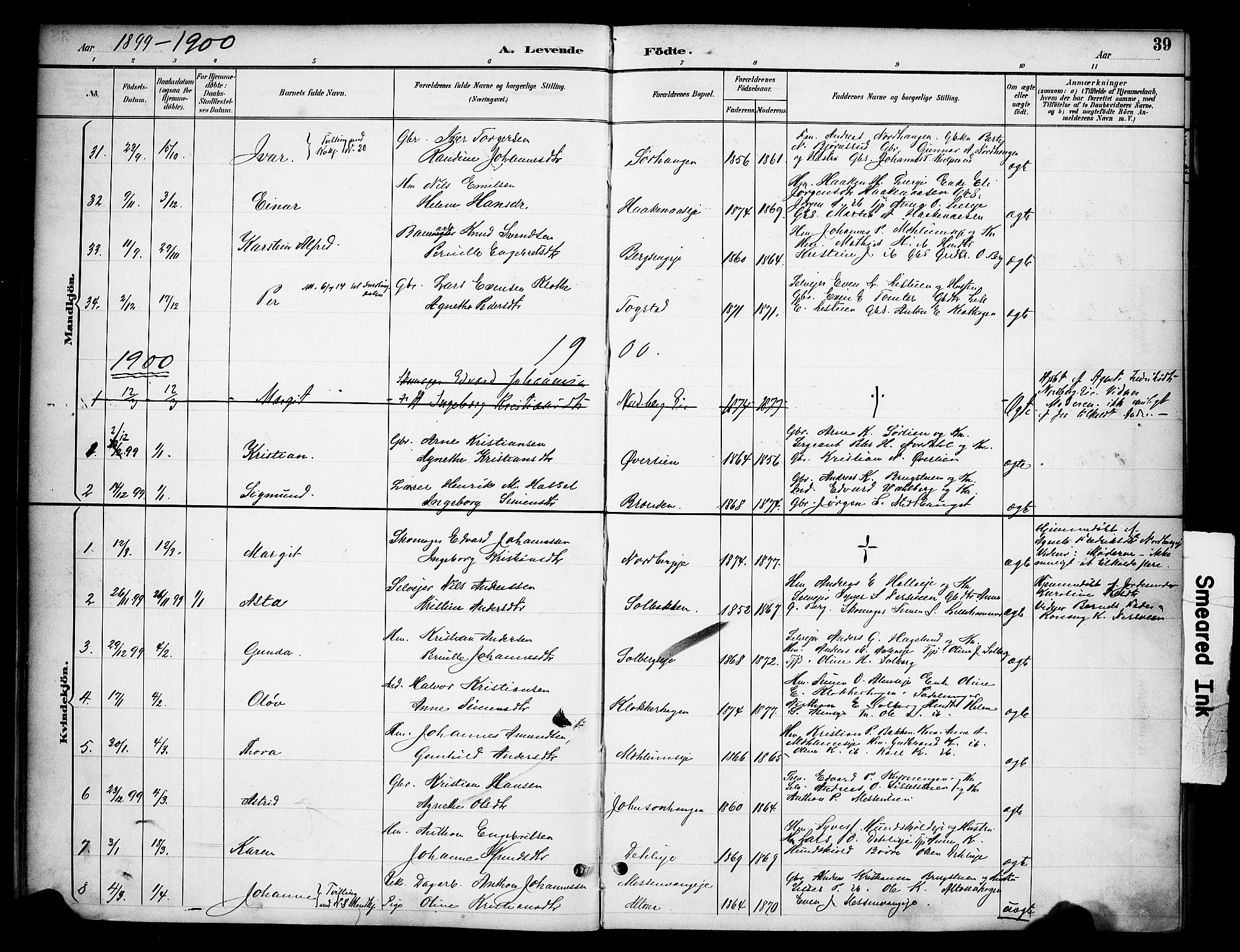 Ringsaker prestekontor, AV/SAH-PREST-014/K/Ka/L0015: Parish register (official) no. 15, 1891-1904, p. 39