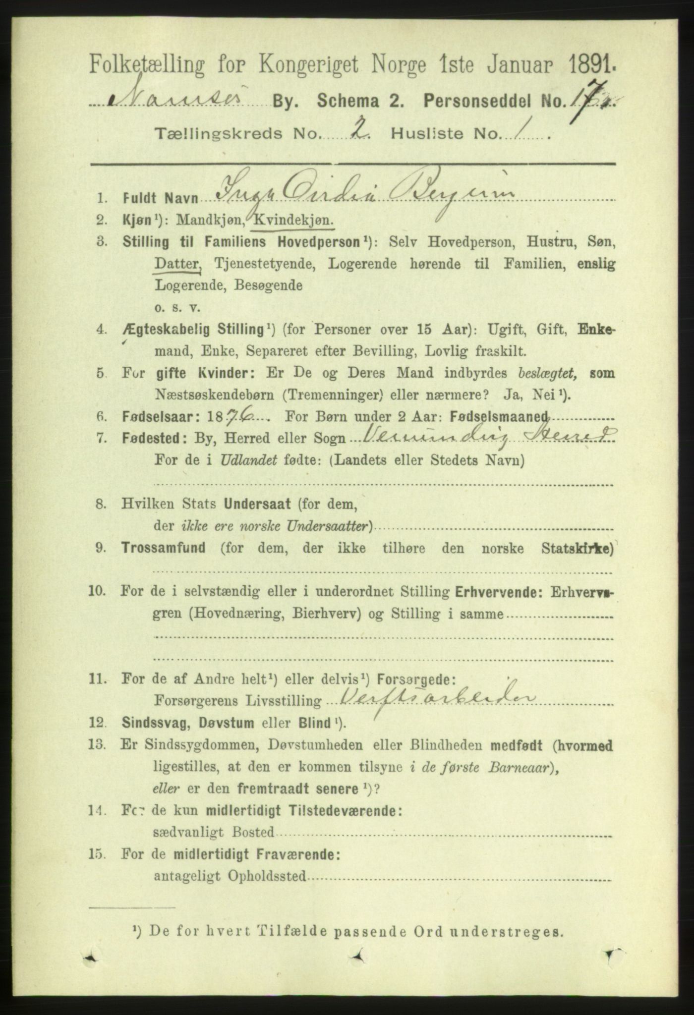 RA, 1891 census for 1703 Namsos, 1891, p. 522