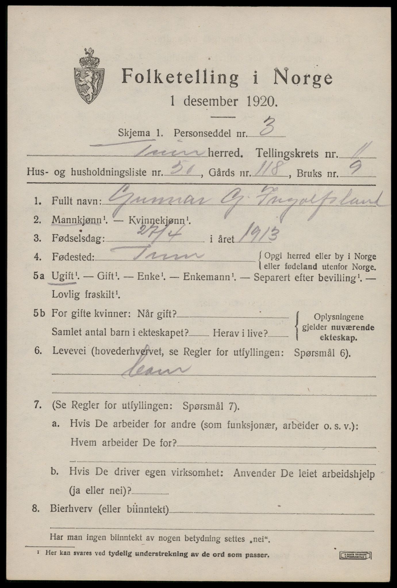 SAKO, 1920 census for Tinn, 1920, p. 7546