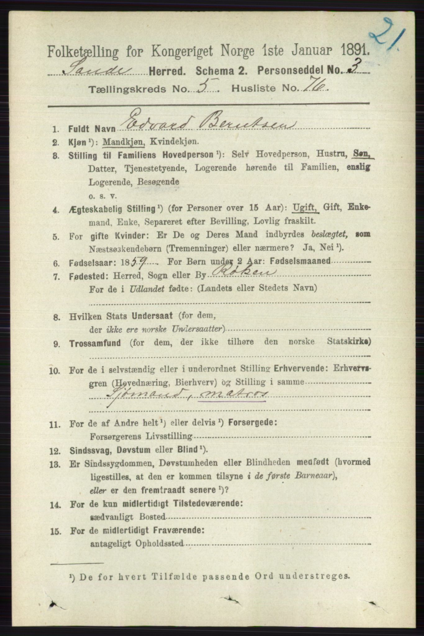 RA, 1891 census for 0713 Sande, 1891, p. 2603