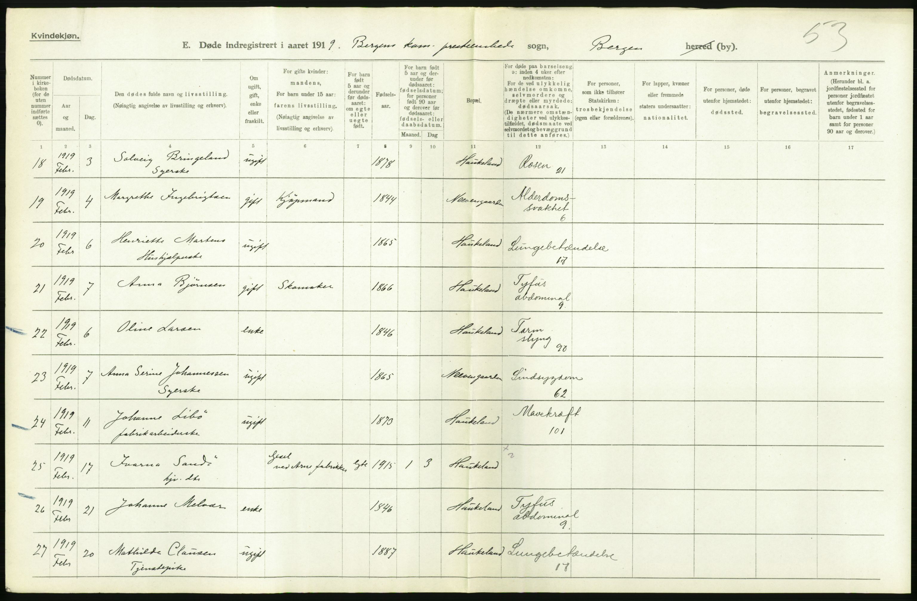 Statistisk sentralbyrå, Sosiodemografiske emner, Befolkning, AV/RA-S-2228/D/Df/Dfb/Dfbi/L0035: Bergen: Gifte, døde, dødfødte., 1919, p. 318