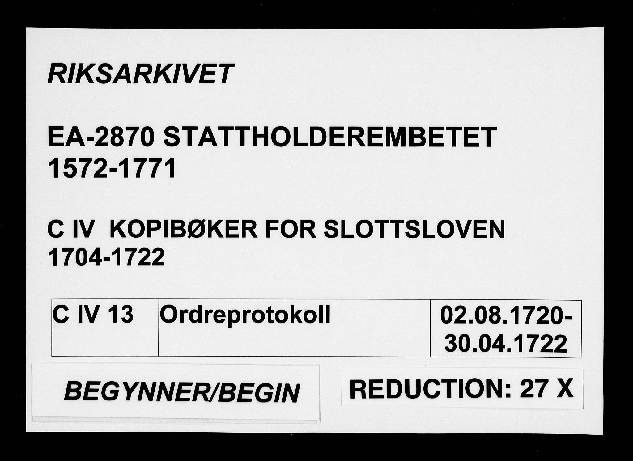 Stattholderembetet 1572-1771, AV/RA-EA-2870/Bd/L0013: Ordreprotokoll, 1720-1722