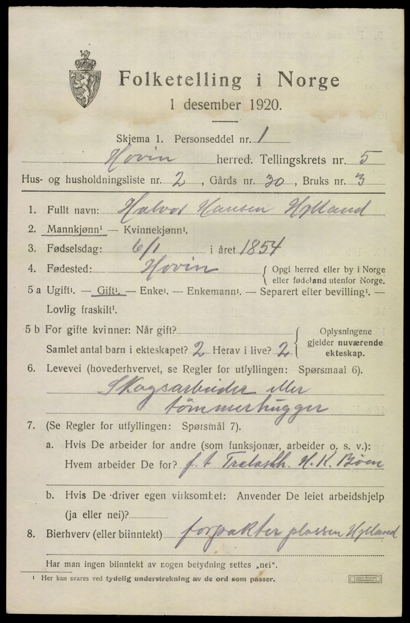 SAKO, 1920 census for Hovin, 1920, p. 1335