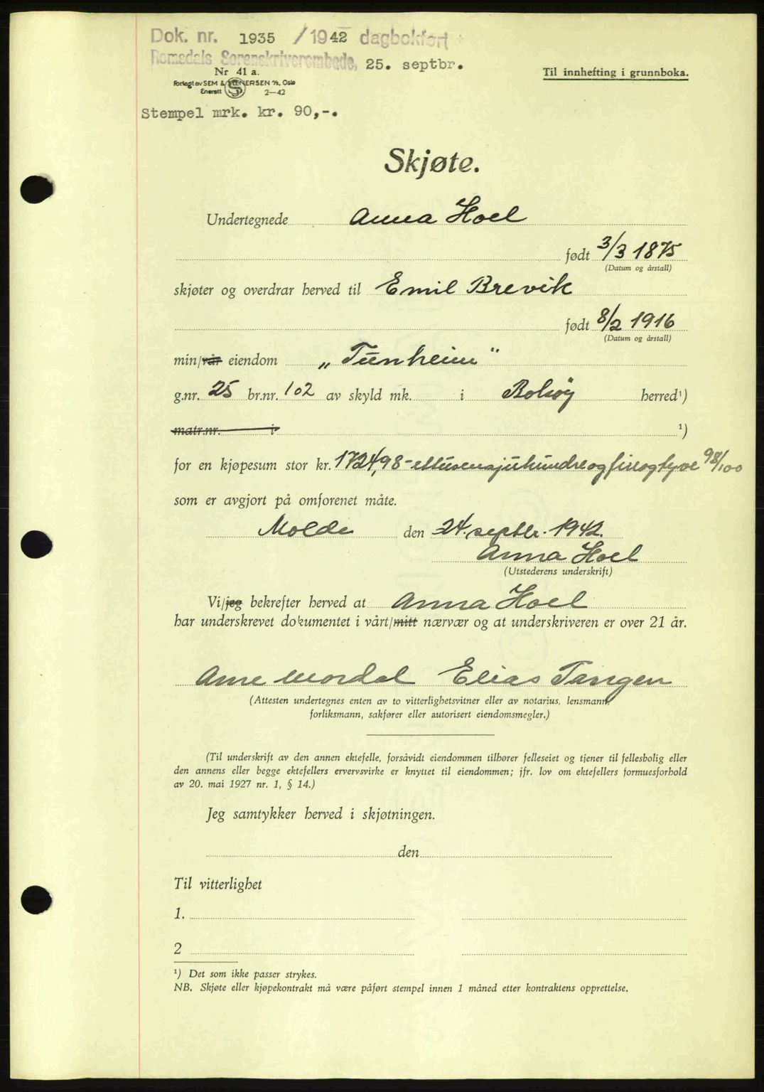 Romsdal sorenskriveri, AV/SAT-A-4149/1/2/2C: Mortgage book no. A12, 1942-1942, Diary no: : 1935/1942