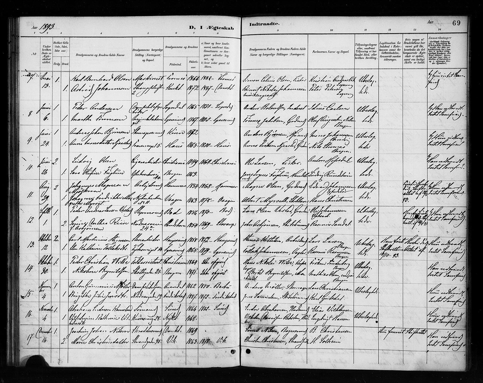 Nykirken Sokneprestembete, SAB/A-77101/H/Haa/L0053: Parish register (official) no. H 2, 1887-1897, p. 69