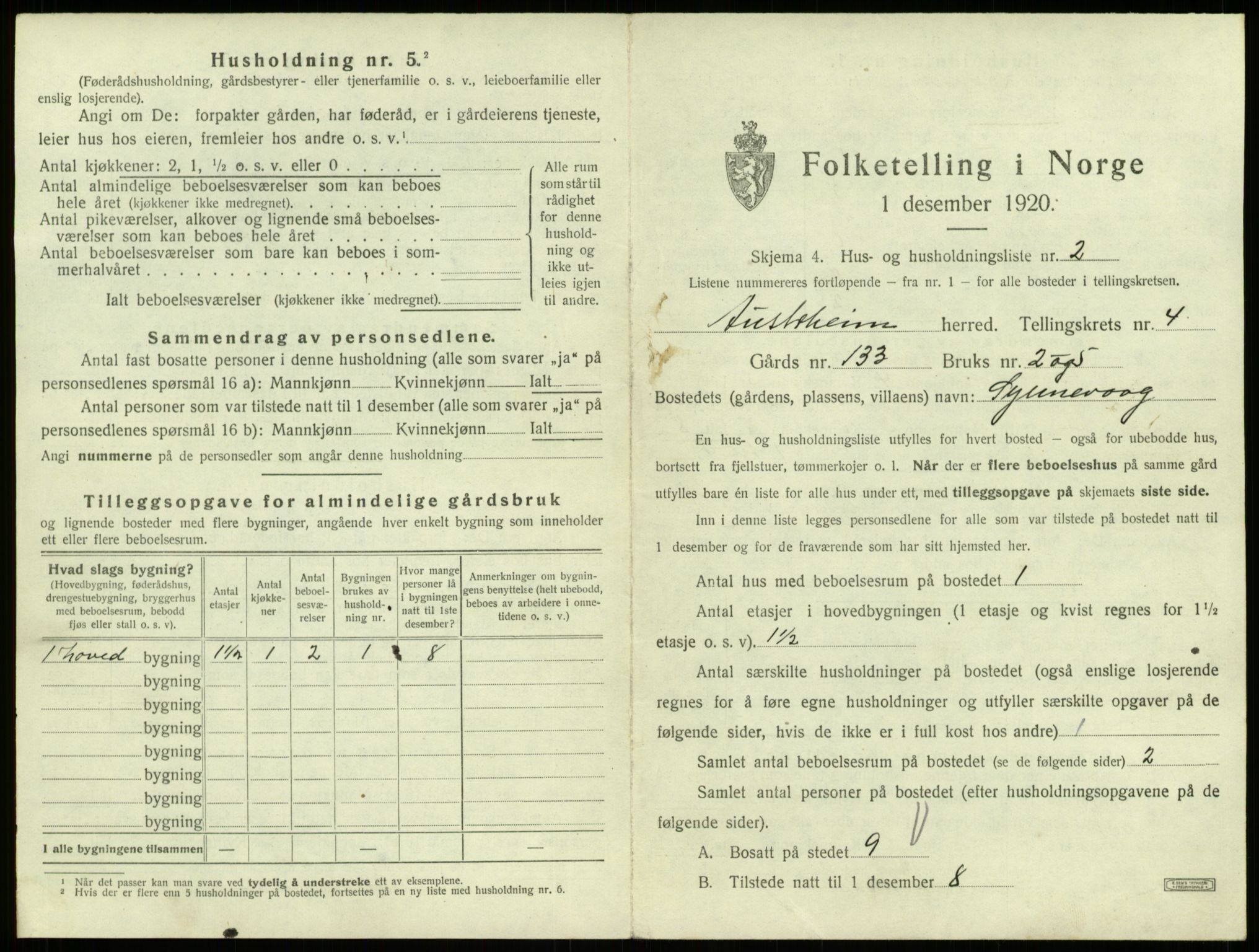 SAB, 1920 census for Austrheim, 1920, p. 196