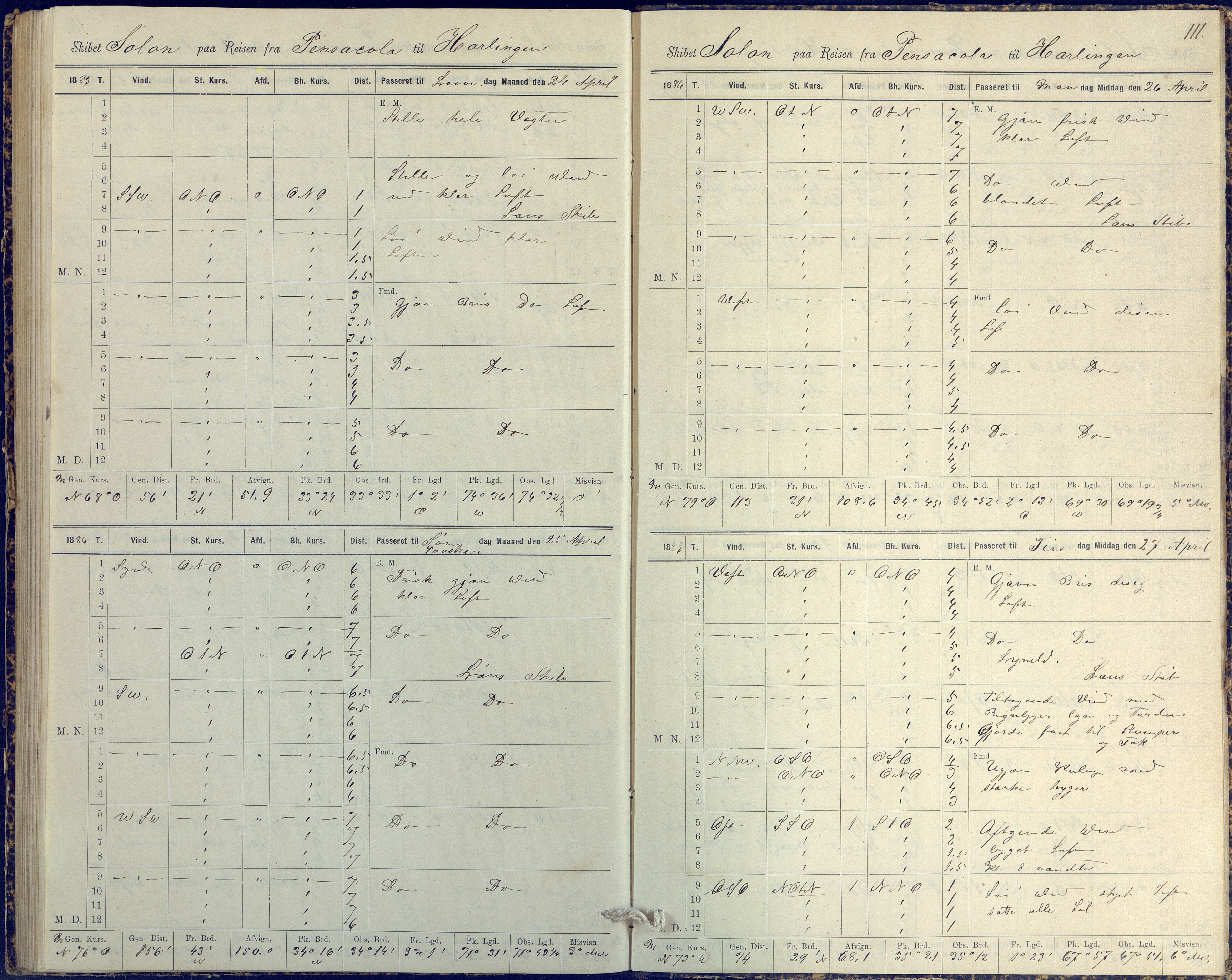 Fartøysarkivet, AAKS/PA-1934/F/L0331/0003: Solon (fregatt) / Solon (fregatt) skipsjournal 1884-1885, 1884-1885, p. 111