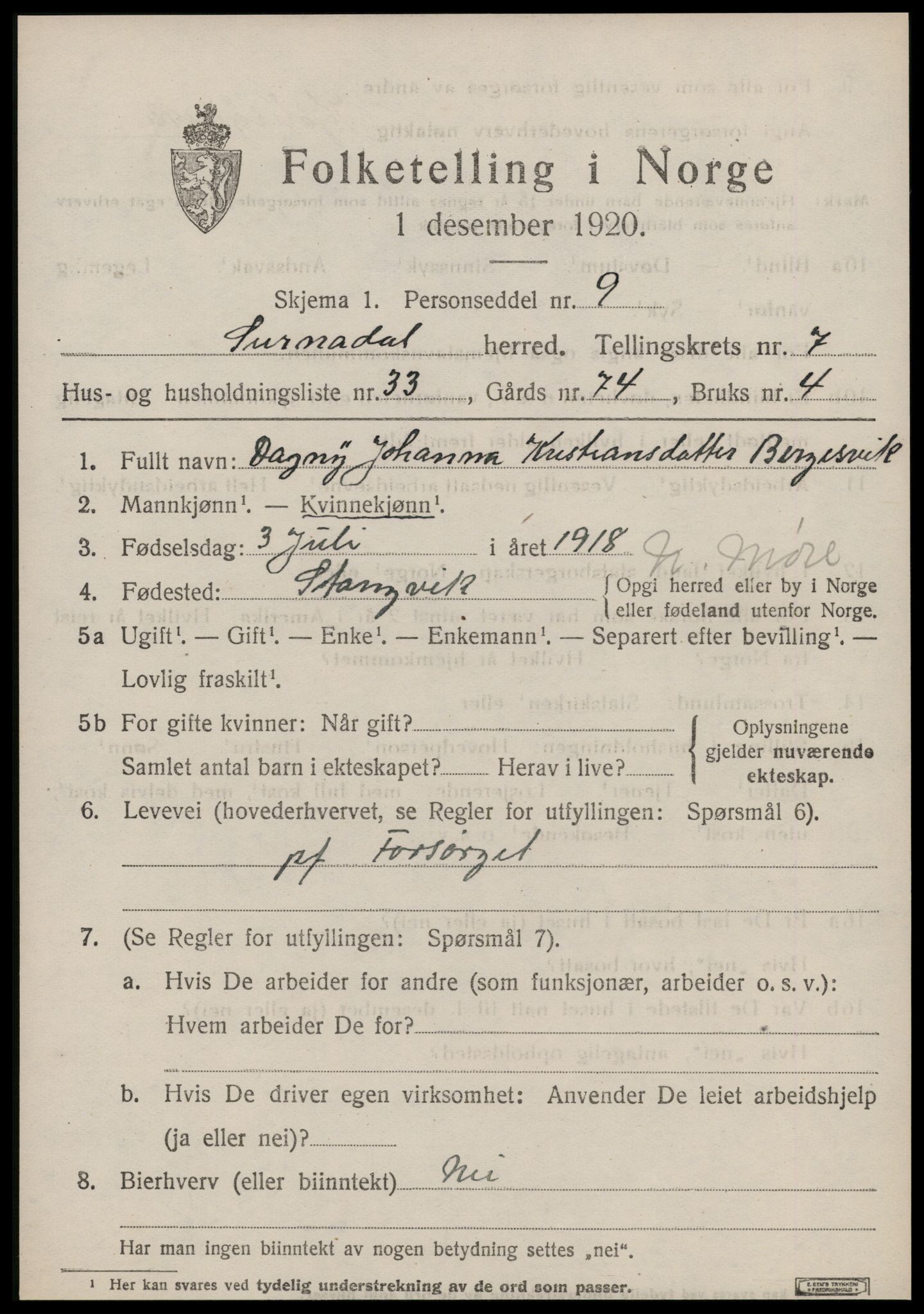 SAT, 1920 census for Surnadal, 1920, p. 5399