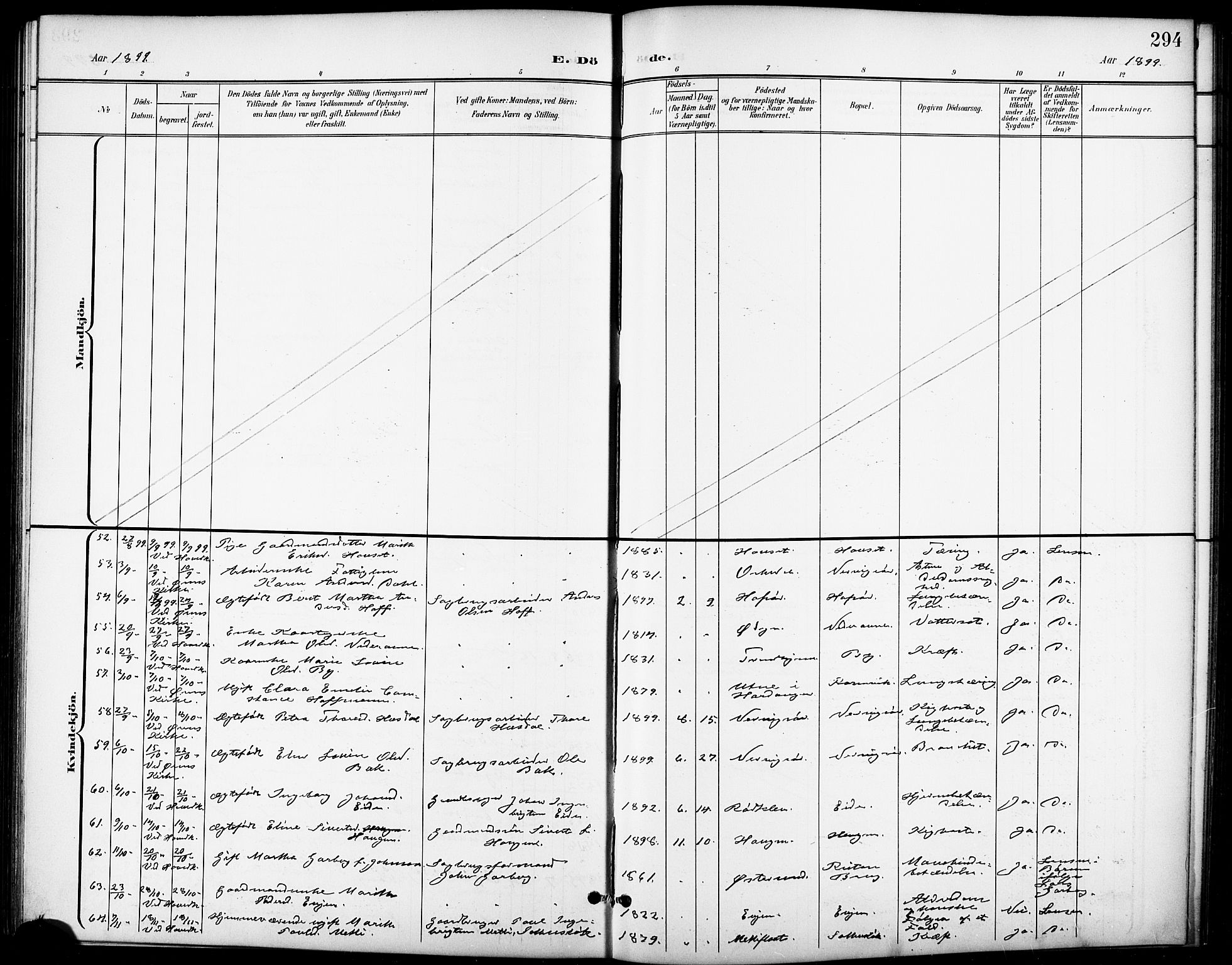 Ministerialprotokoller, klokkerbøker og fødselsregistre - Sør-Trøndelag, AV/SAT-A-1456/668/L0819: Parish register (copy) no. 668C08, 1899-1912, p. 294