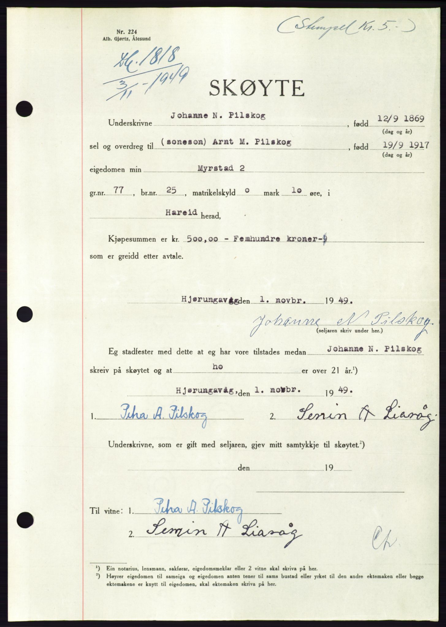 Søre Sunnmøre sorenskriveri, AV/SAT-A-4122/1/2/2C/L0085: Mortgage book no. 11A, 1949-1949, Diary no: : 1818/1949