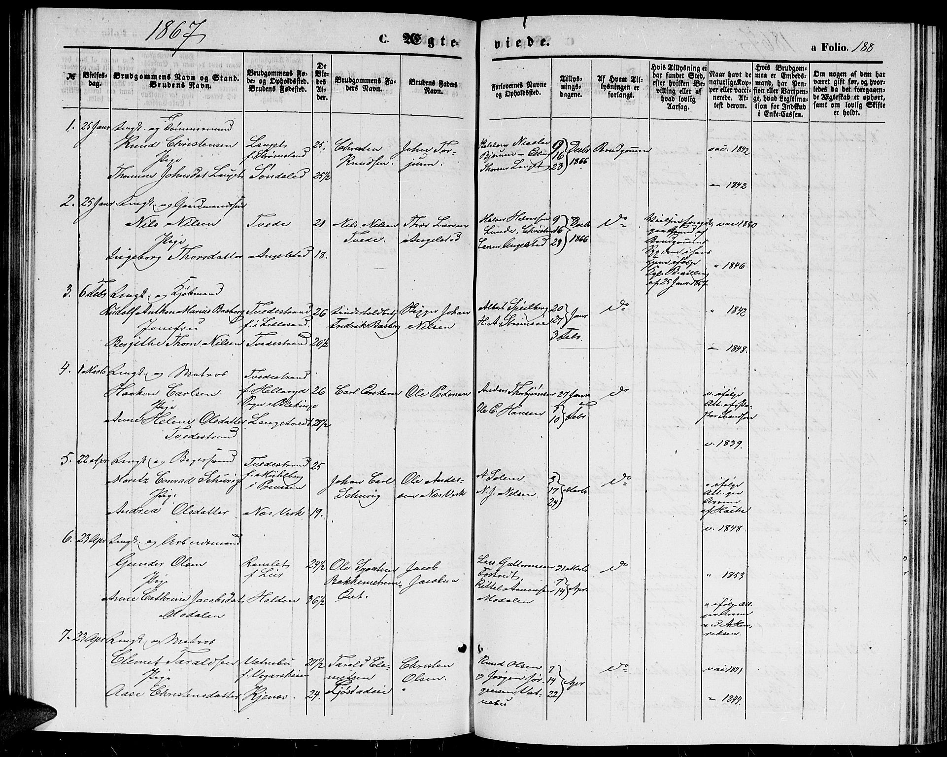 Holt sokneprestkontor, AV/SAK-1111-0021/F/Fb/L0008: Parish register (copy) no. B 8, 1858-1871, p. 188