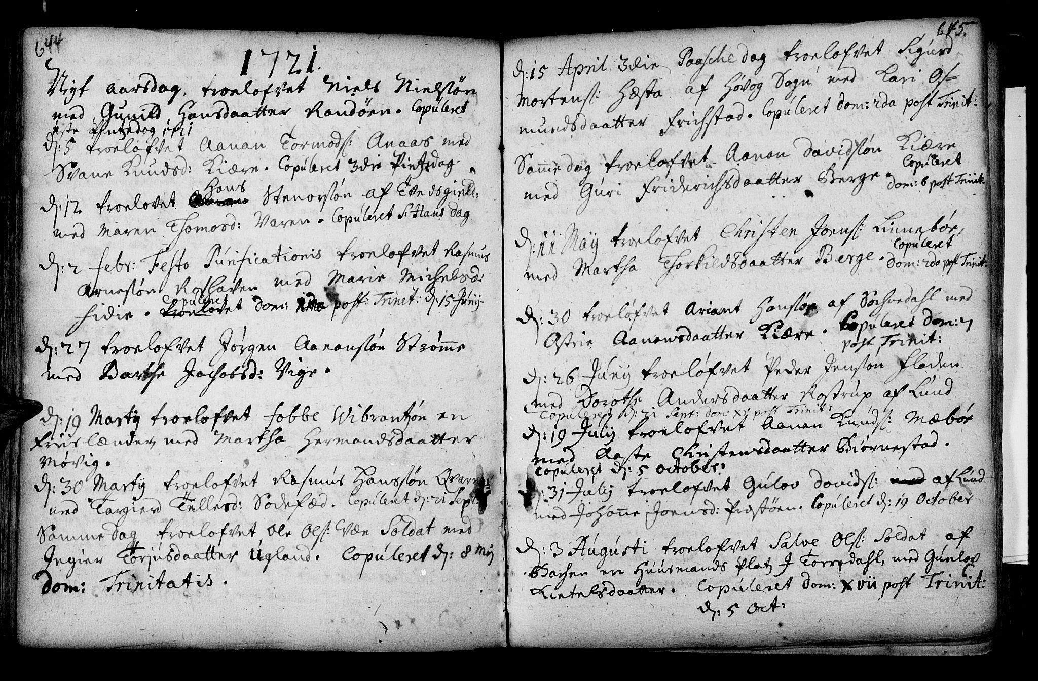 Oddernes sokneprestkontor, SAK/1111-0033/F/Fa/Faa/L0002: Parish register (official) no. A 2, 1719-1764, p. 644-645
