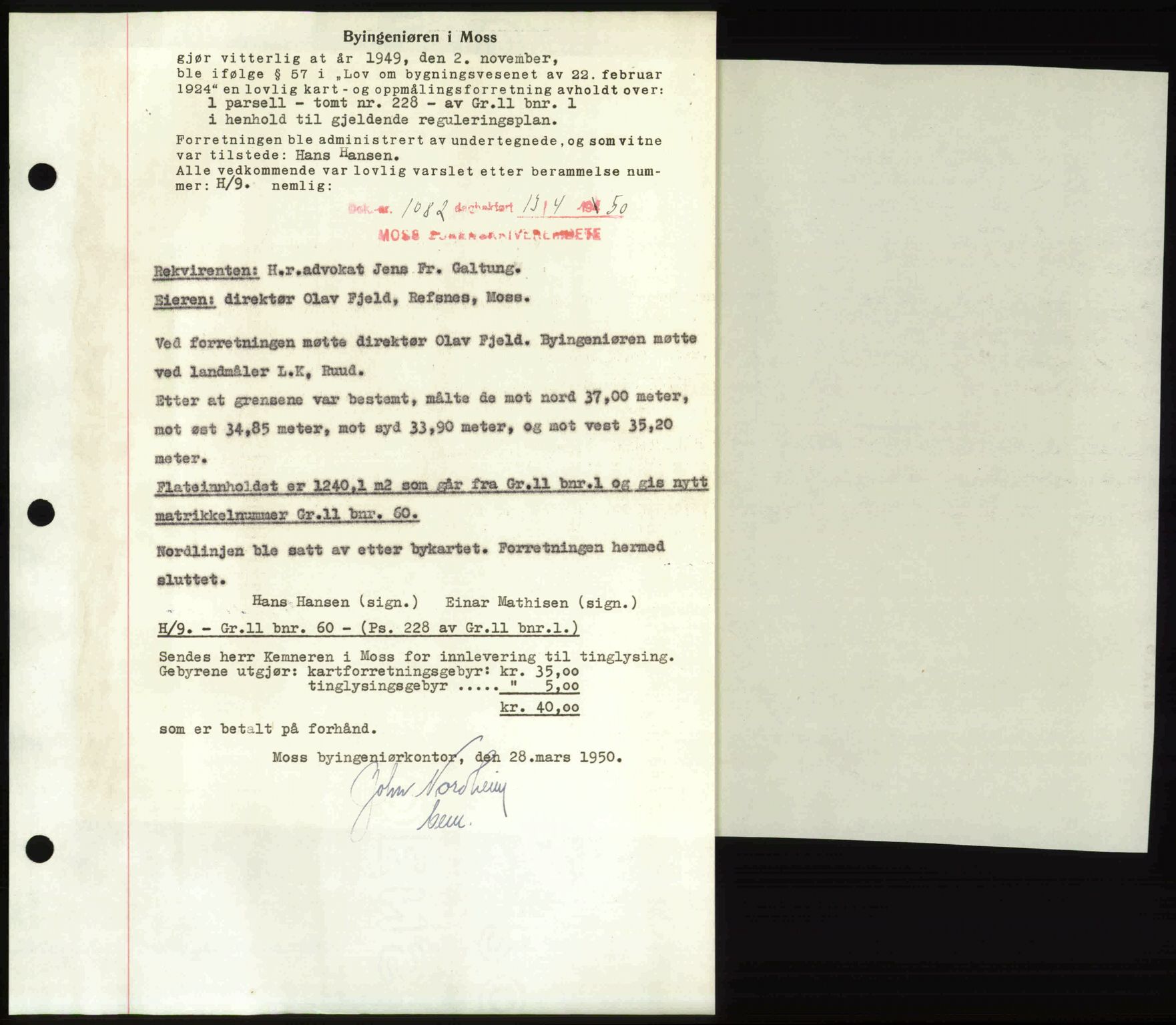 Moss sorenskriveri, SAO/A-10168: Mortgage book no. A25, 1950-1950, Diary no: : 1082/1950