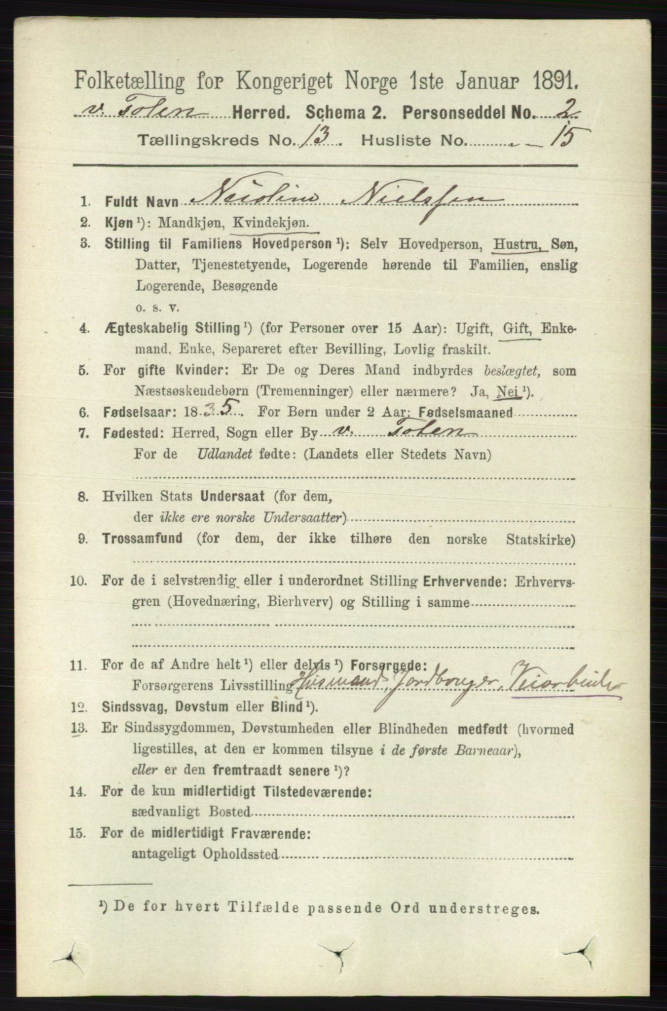 RA, 1891 census for 0529 Vestre Toten, 1891, p. 7882