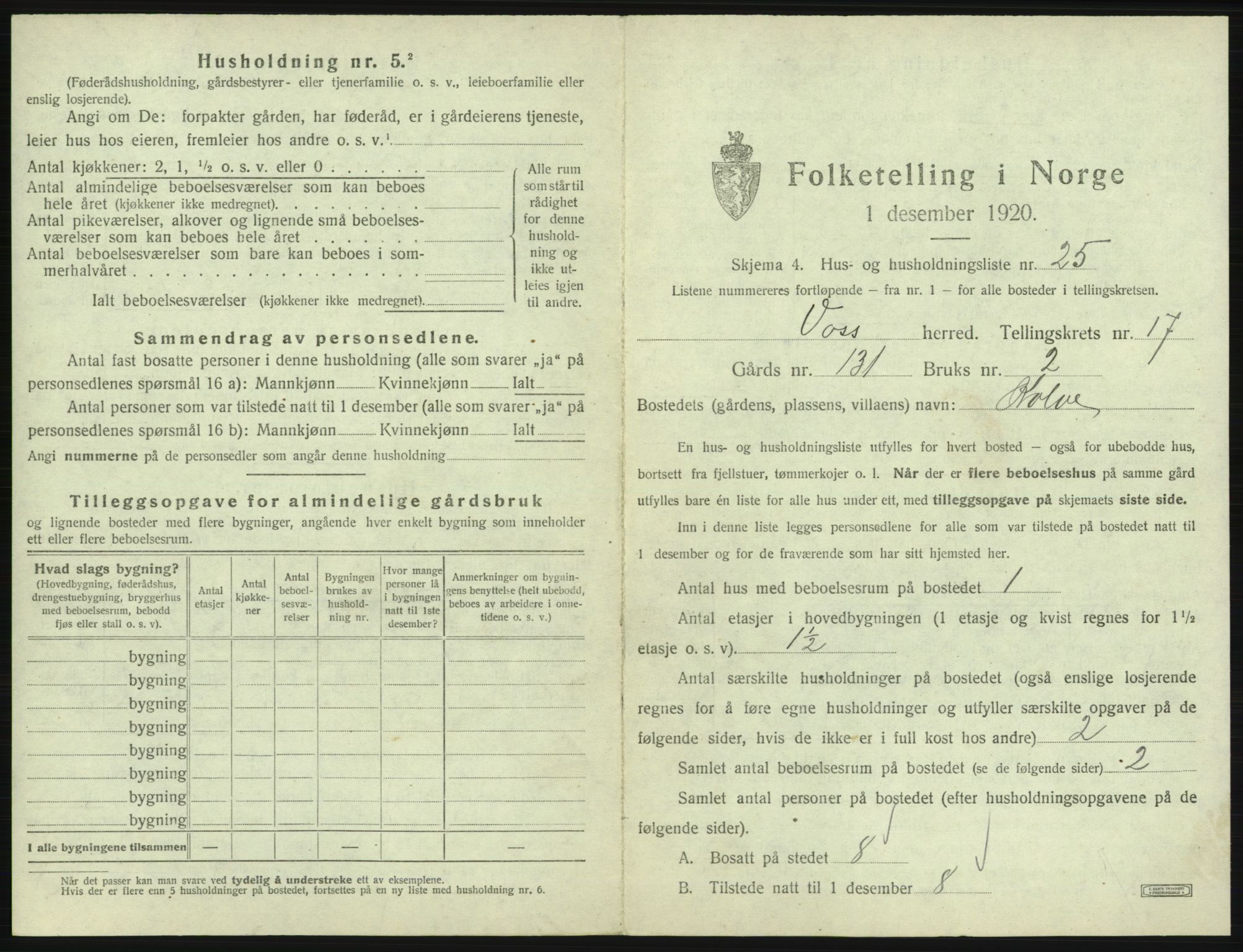 SAB, 1920 census for Voss, 1920, p. 1665