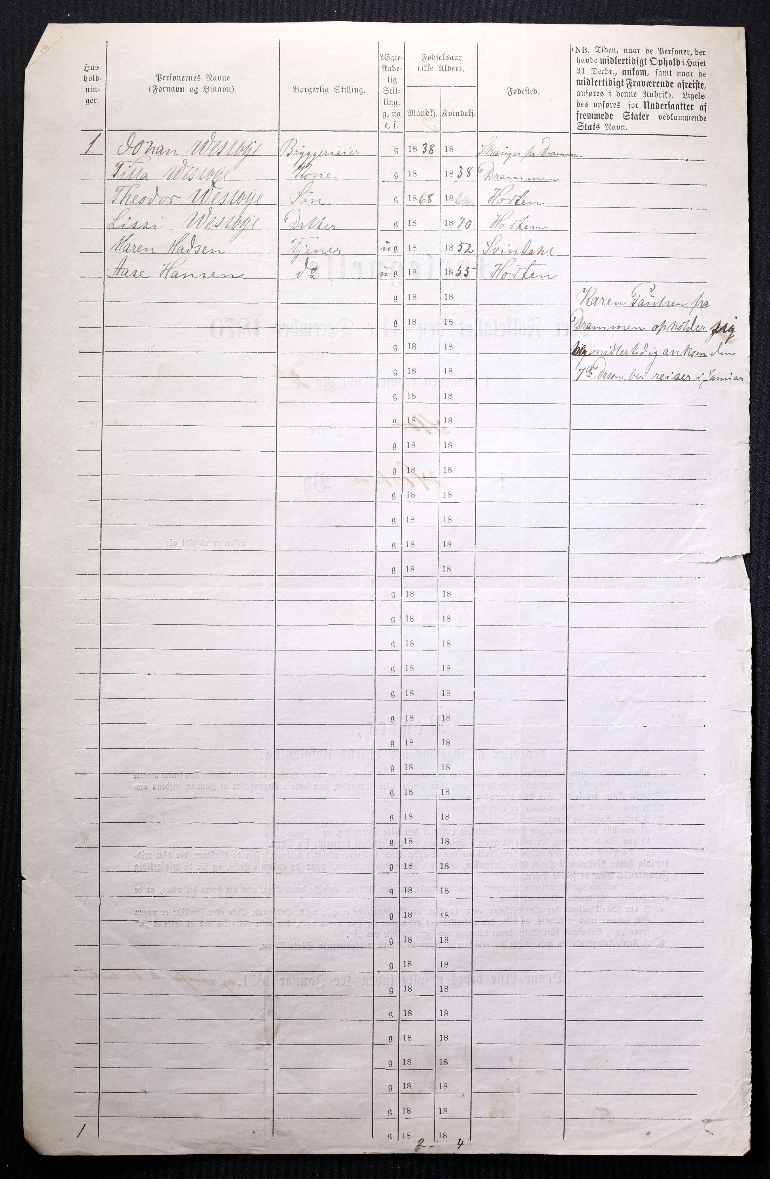 RA, 1870 census for 0703 Horten, 1870, p. 8