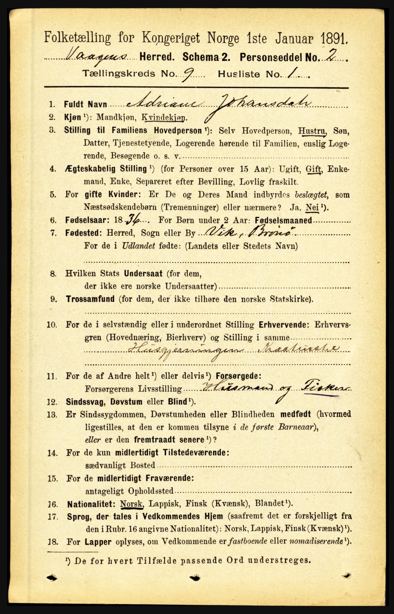 RA, 1891 census for 1865 Vågan, 1891, p. 2263