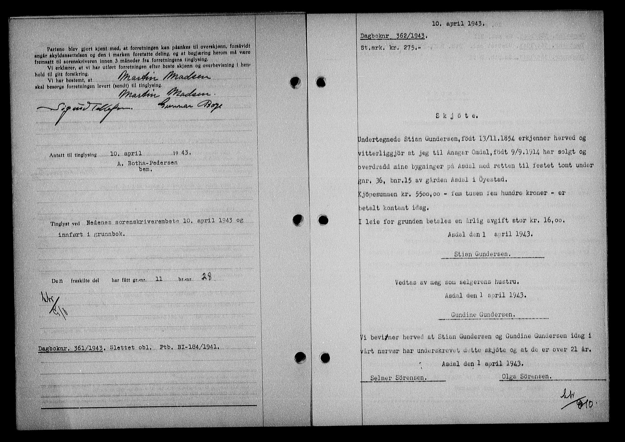 Nedenes sorenskriveri, SAK/1221-0006/G/Gb/Gba/L0050: Mortgage book no. A-IV, 1942-1943, Diary no: : 362/1943