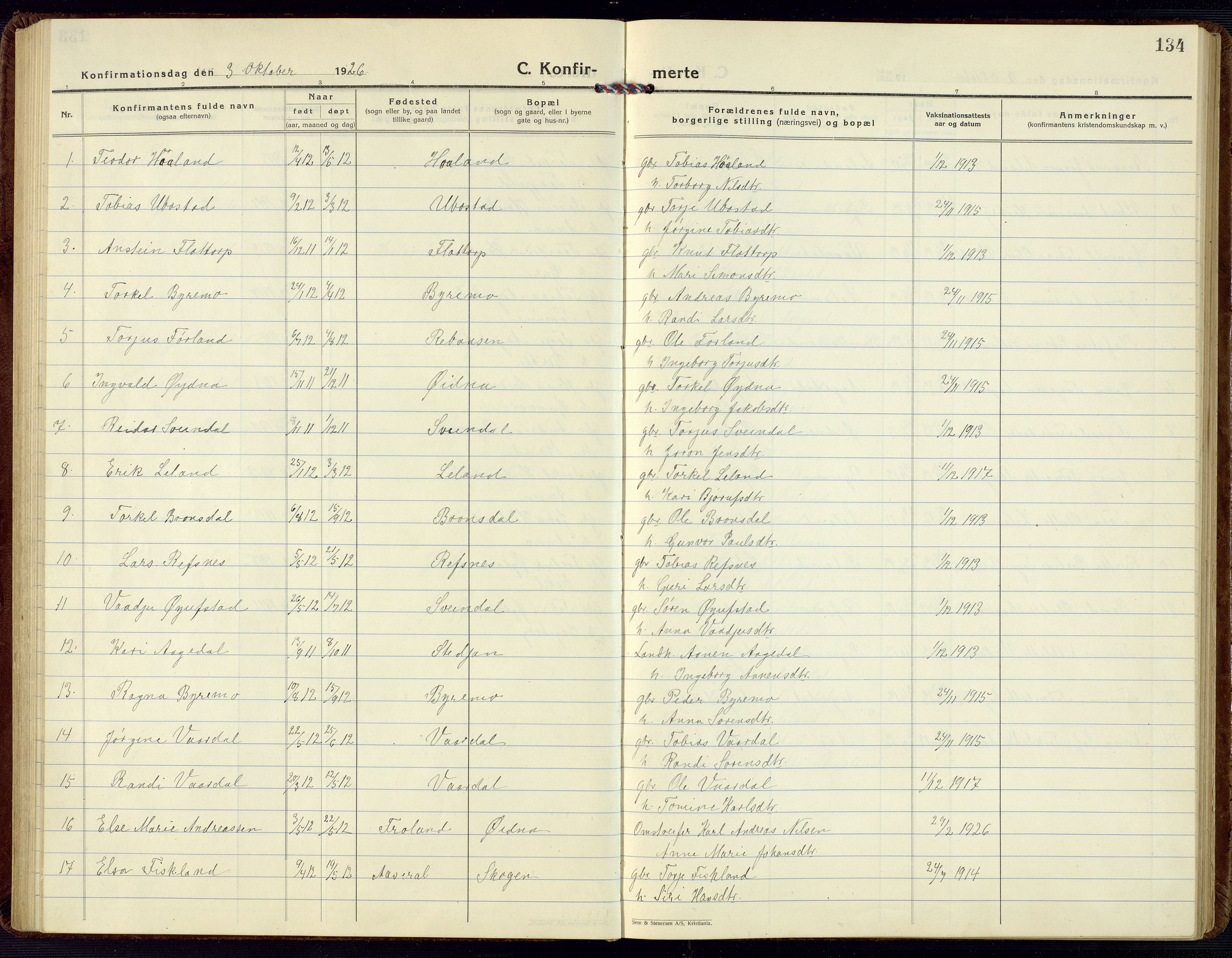 Bjelland sokneprestkontor, SAK/1111-0005/F/Fb/Fbc/L0004: Parish register (copy) no. B 4, 1921-1978, p. 134