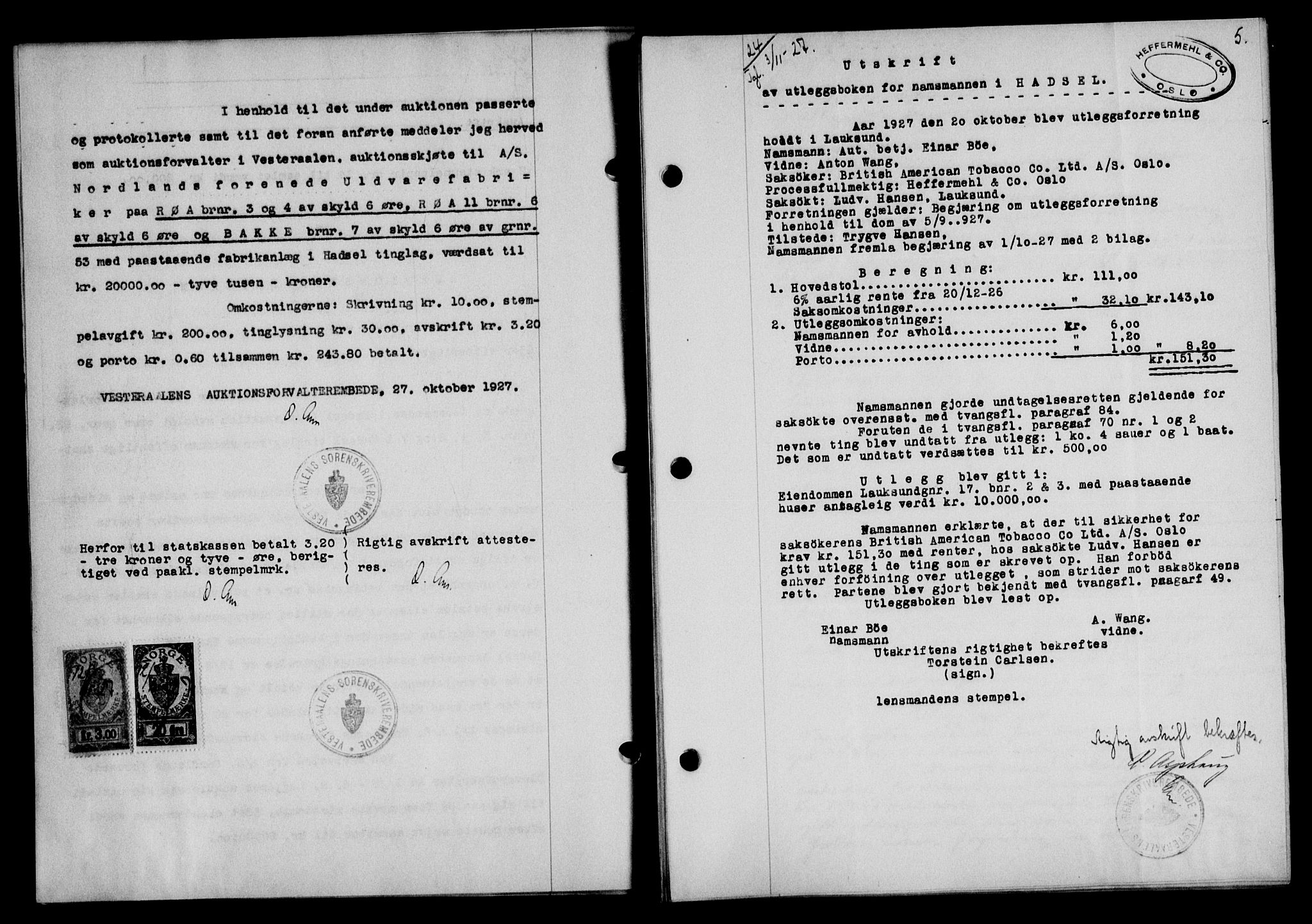 Vesterålen sorenskriveri, AV/SAT-A-4180/1/2/2Ca/L0045: Mortgage book no. 38, 1927-1928, Deed date: 03.11.1927