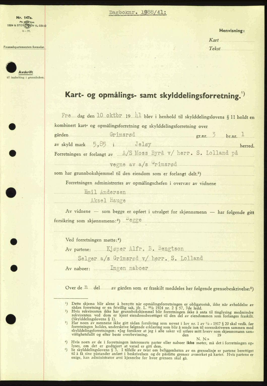 Moss sorenskriveri, SAO/A-10168: Mortgage book no. A9, 1941-1942, Diary no: : 1988/1941