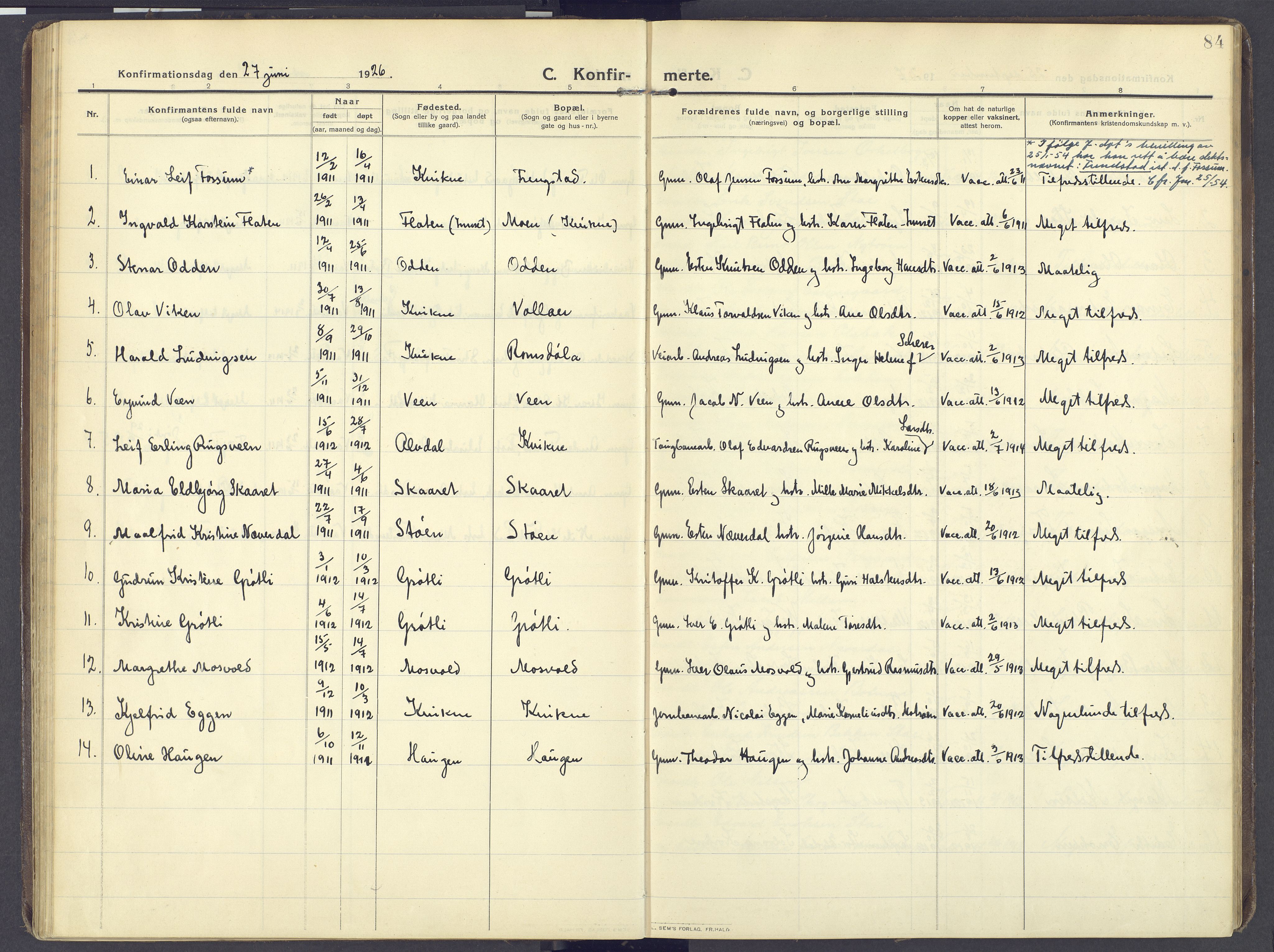 Kvikne prestekontor, SAH/PREST-064/H/Ha/Haa/L0009: Parish register (official) no. 9, 1911-1942, p. 84