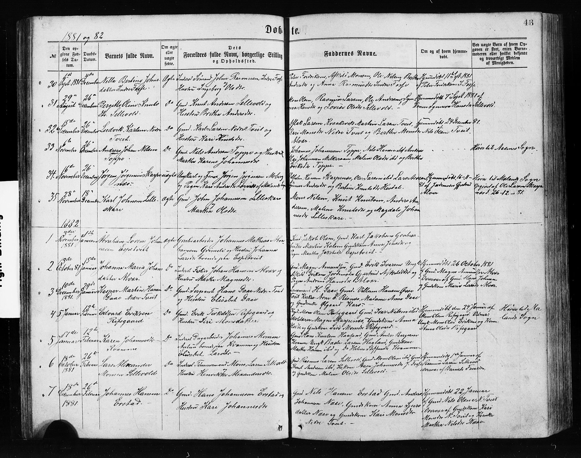 Alversund Sokneprestembete, SAB/A-73901/H/Ha/Hab: Parish register (copy) no. A 2, 1864-1905, p. 43