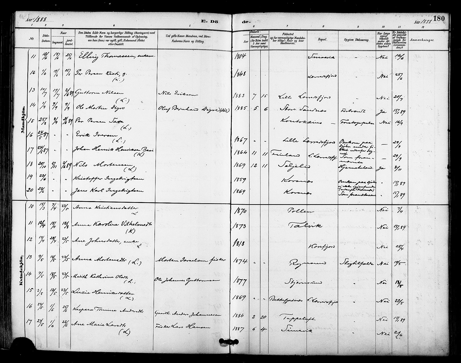 Talvik sokneprestkontor, AV/SATØ-S-1337/H/Ha/L0013kirke: Parish register (official) no. 13, 1886-1897, p. 180
