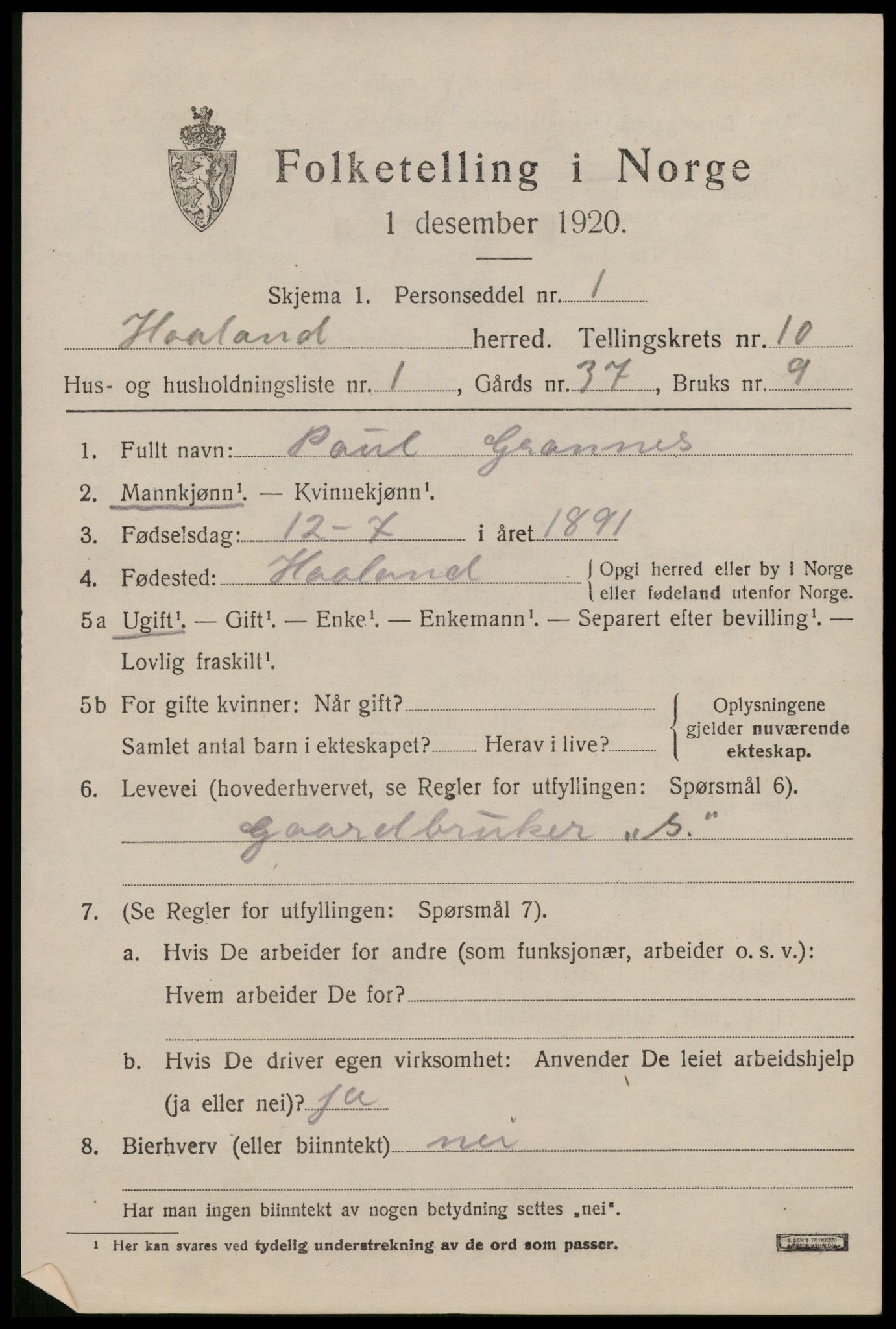 SAST, 1920 census for Håland, 1920, p. 7509