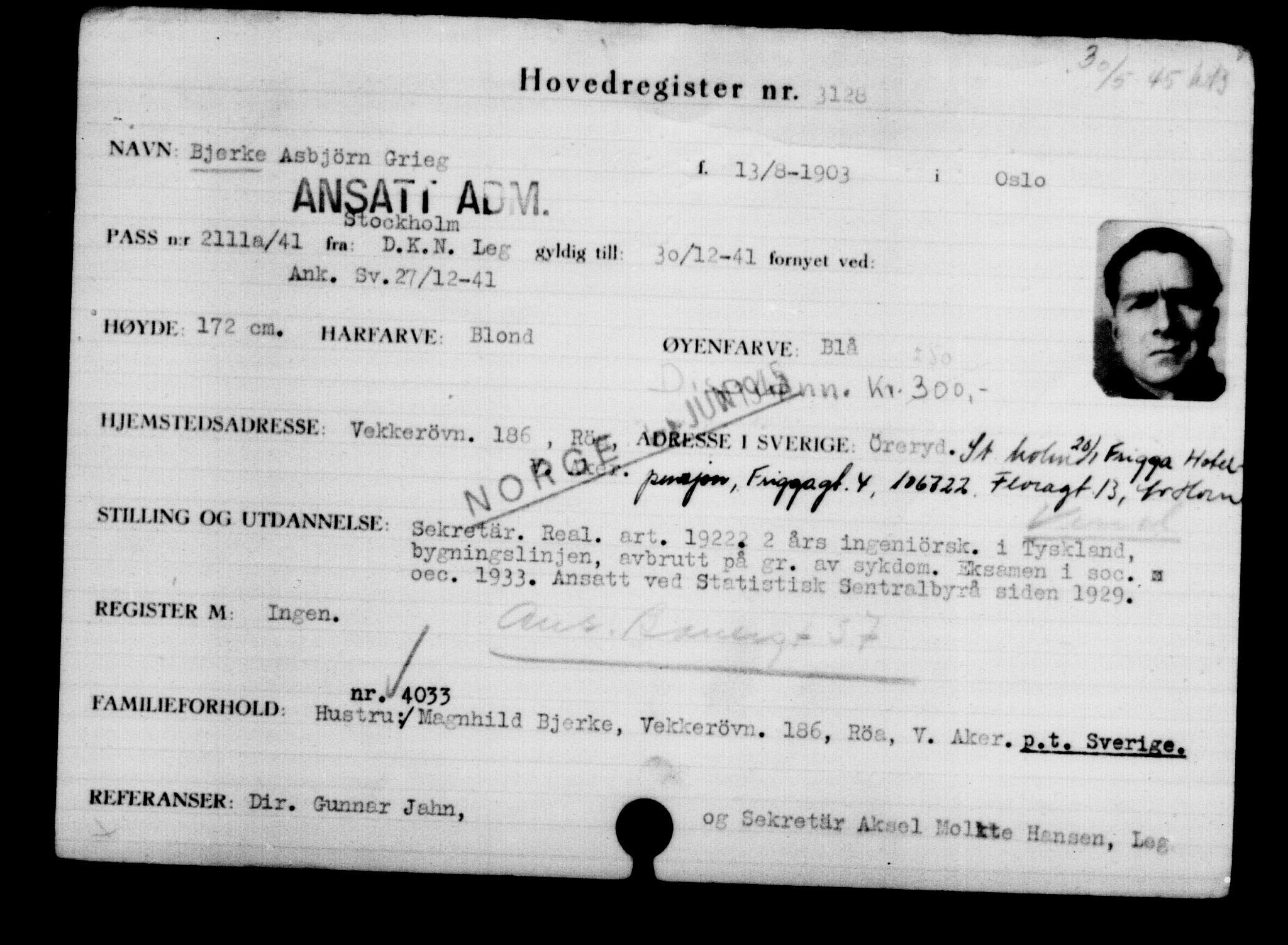 Den Kgl. Norske Legasjons Flyktningskontor, RA/S-6753/V/Va/L0003: Kjesäterkartoteket.  Flyktningenr. 2001-3495, 1940-1945, p. 1566