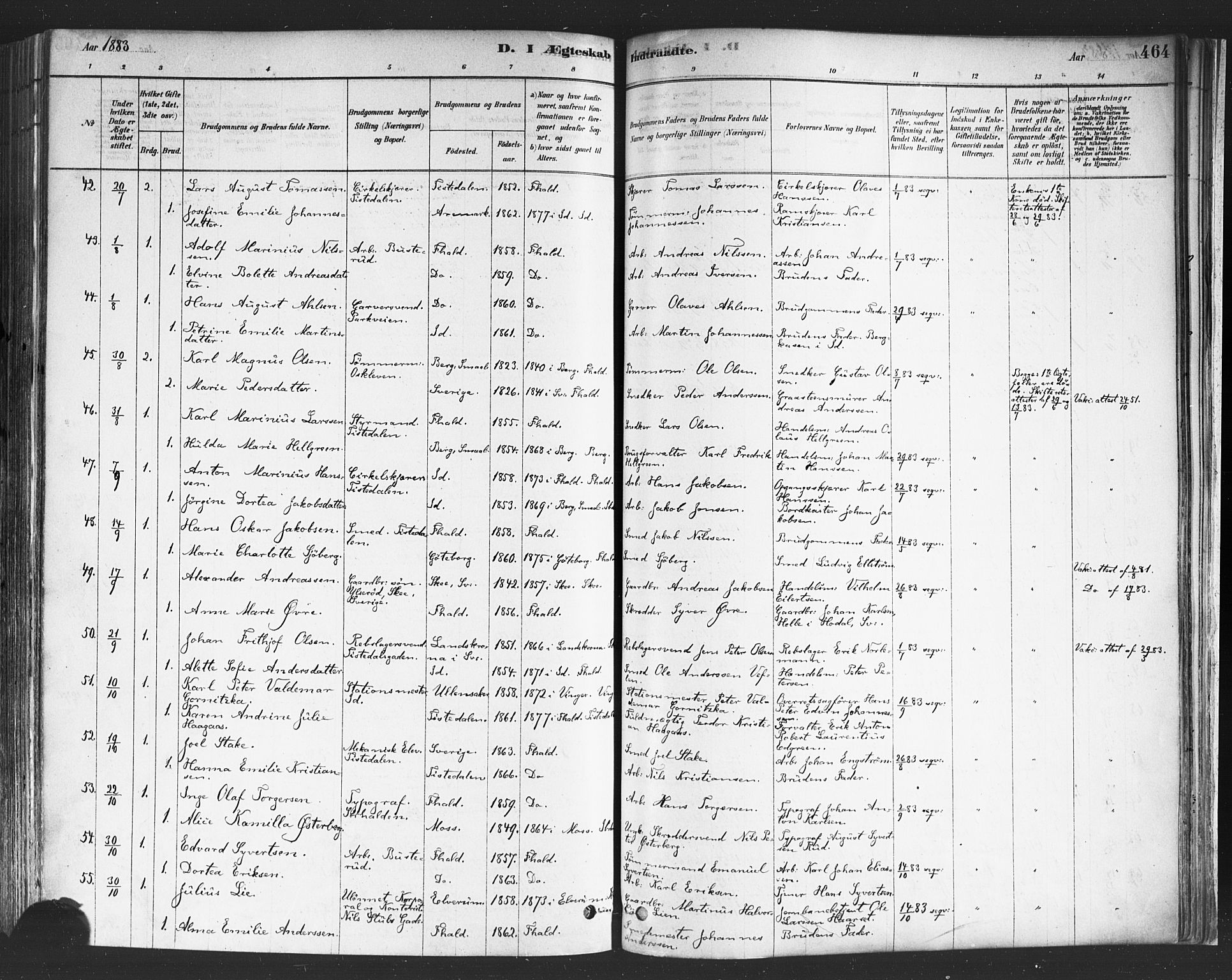 Halden prestekontor Kirkebøker, AV/SAO-A-10909/F/Fa/L0011: Parish register (official) no. I 11, 1878-1889, p. 464