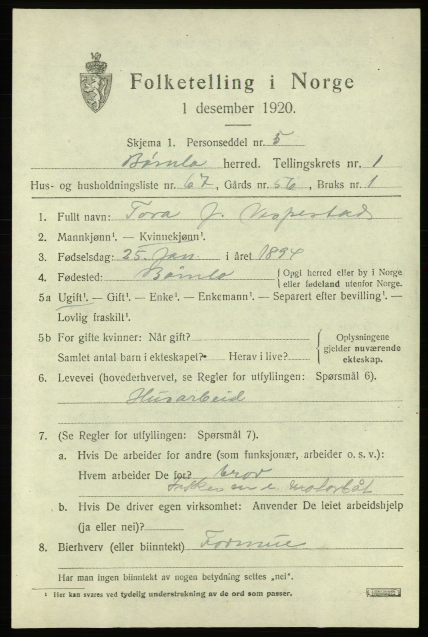 SAB, 1920 census for Bømlo, 1920, p. 1265